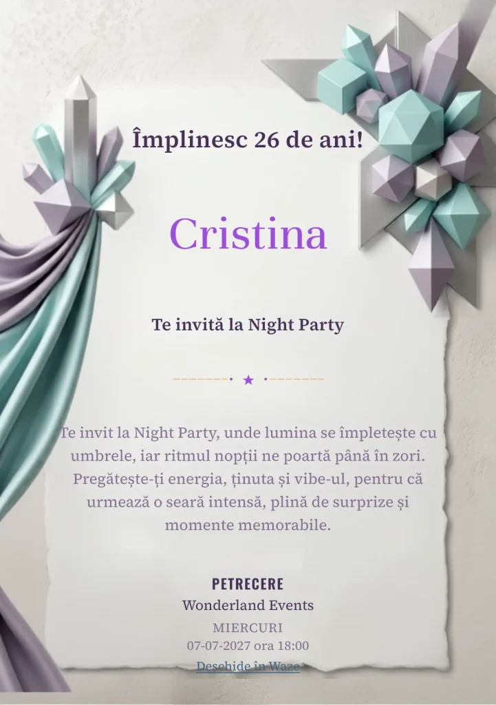 Crystal Geometry este un model de invitații digitale pentru o aniversare adultă, definit vizual de cristale geometrice.