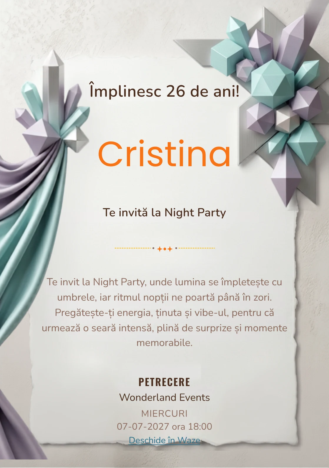 Crystal Geometry este un model de invitații digitale pentru o aniversare adultă, definit vizual de cristale geometrice.
