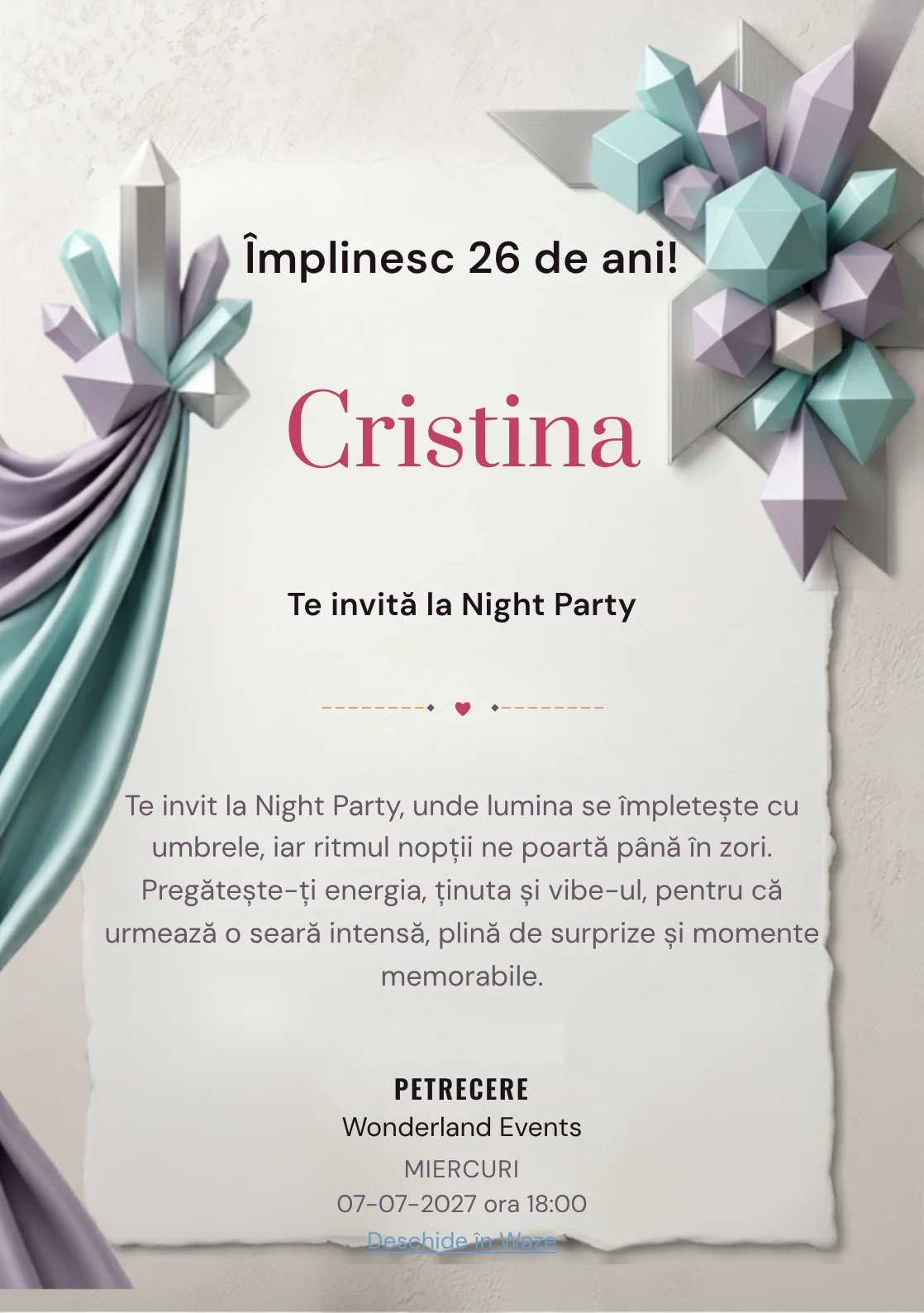 Crystal Geometry este un model de invitații digitale pentru o aniversare adultă, definit vizual de cristale geometrice.