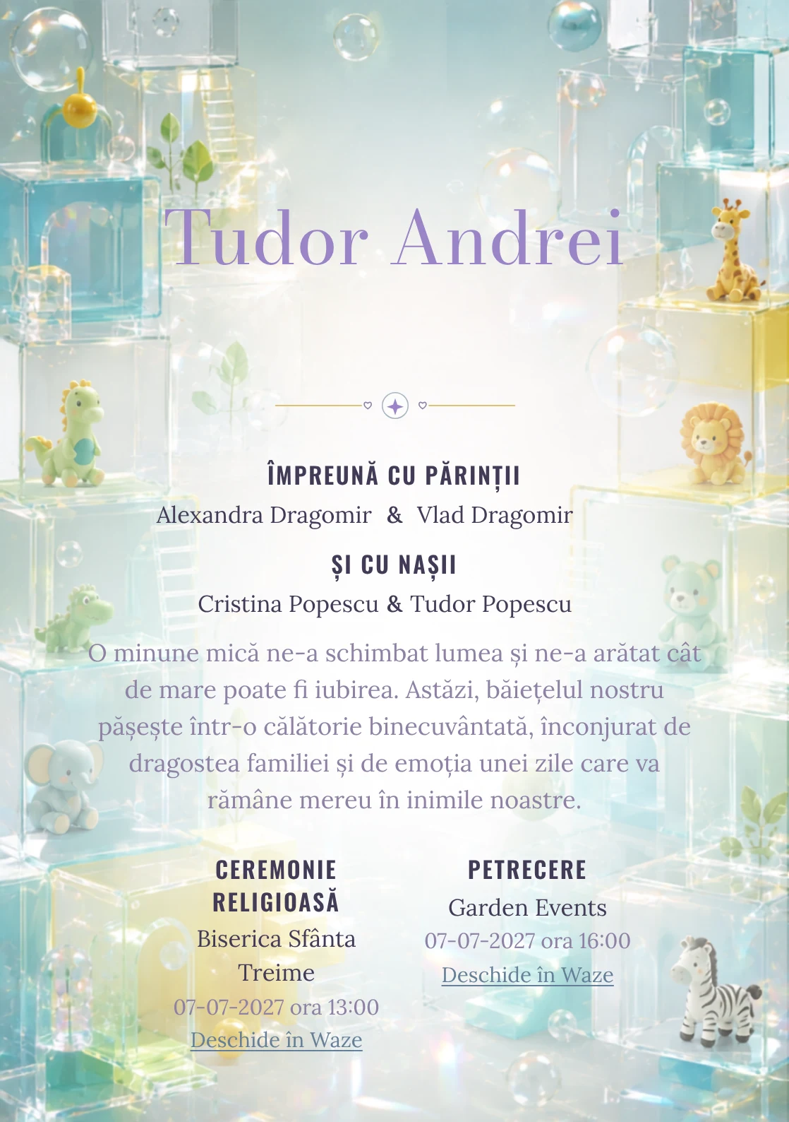 Cuburi Acrilice, din gama de invitații botez, combină un ansamblu de cuburi acrilice cu bule, într-o imagine coerentă de botez.