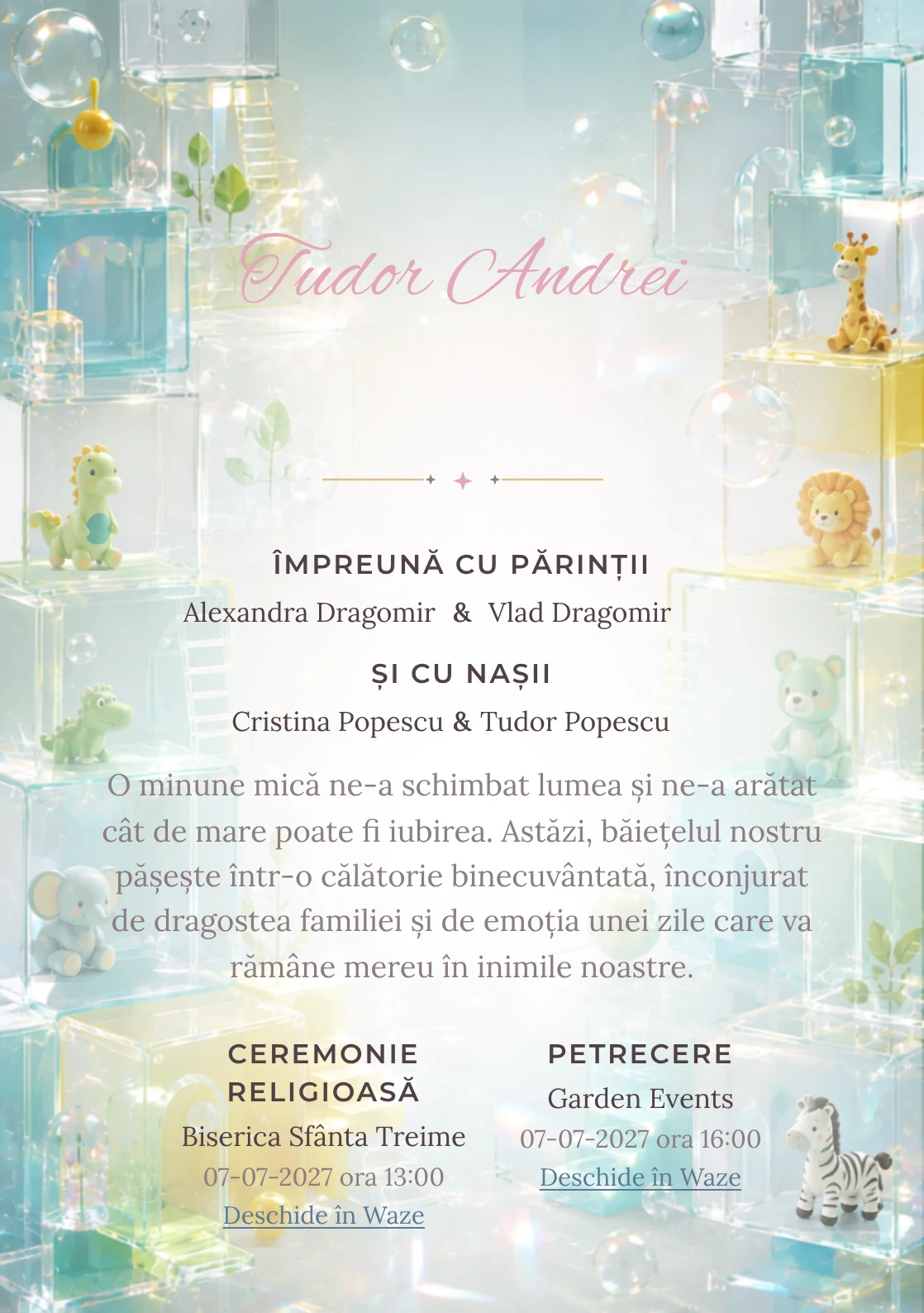 Cuburi Acrilice, din gama de invitații botez, combină un ansamblu de cuburi acrilice cu bule, într-o imagine coerentă de botez.