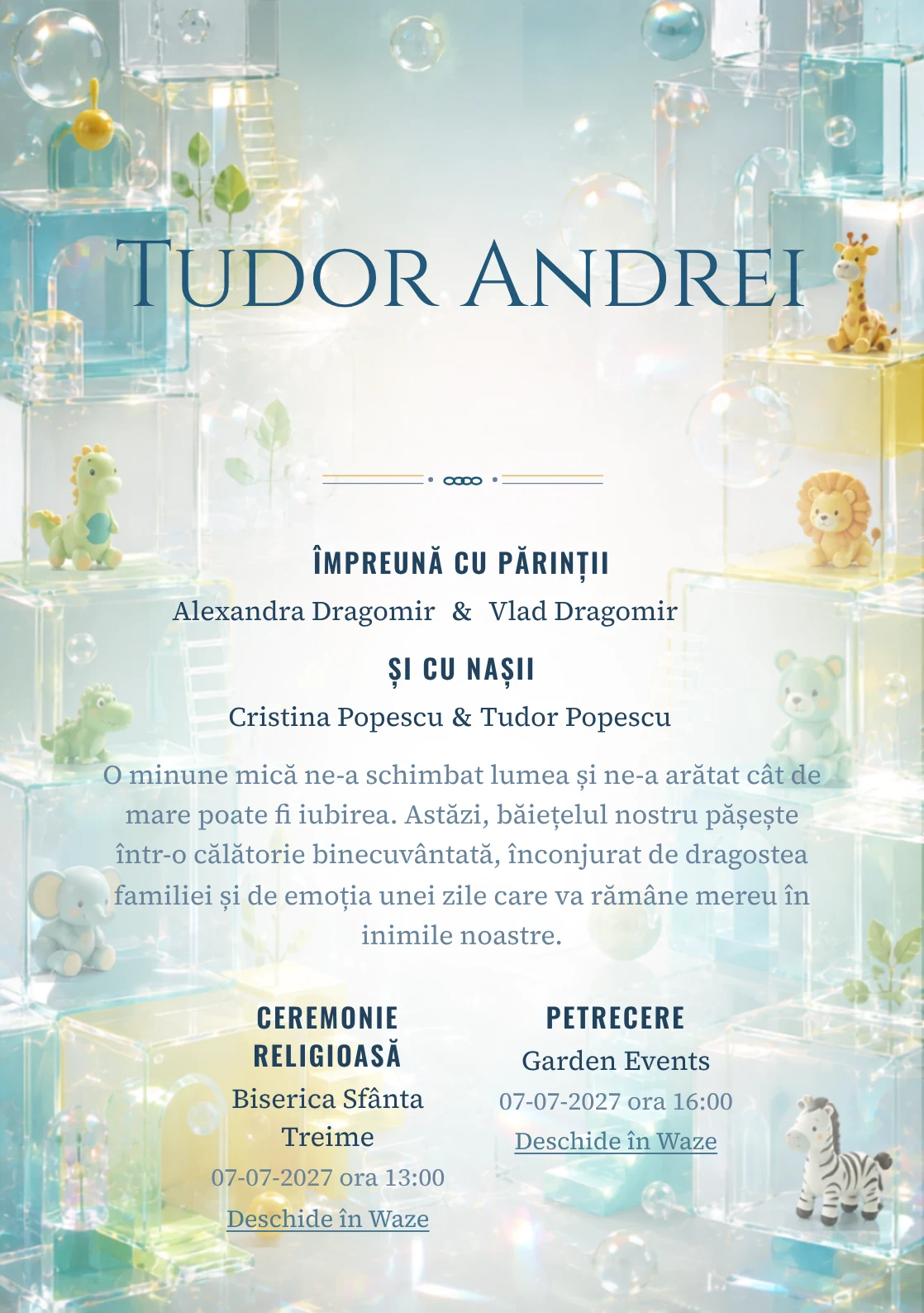 Cuburi Acrilice, din gama de invitații botez, combină un ansamblu de cuburi acrilice cu bule, într-o imagine coerentă de botez.