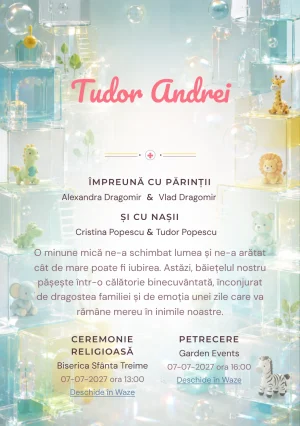 Cuburi Acrilice, din gama de invitații botez, combină un ansamblu de cuburi acrilice cu bule, într-o imagine coerentă de botez.