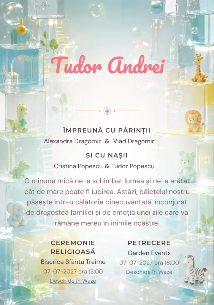 Cuburi Acrilice, din gama de invitații botez, combină un ansamblu de cuburi acrilice cu bule, într-o imagine coerentă de botez.