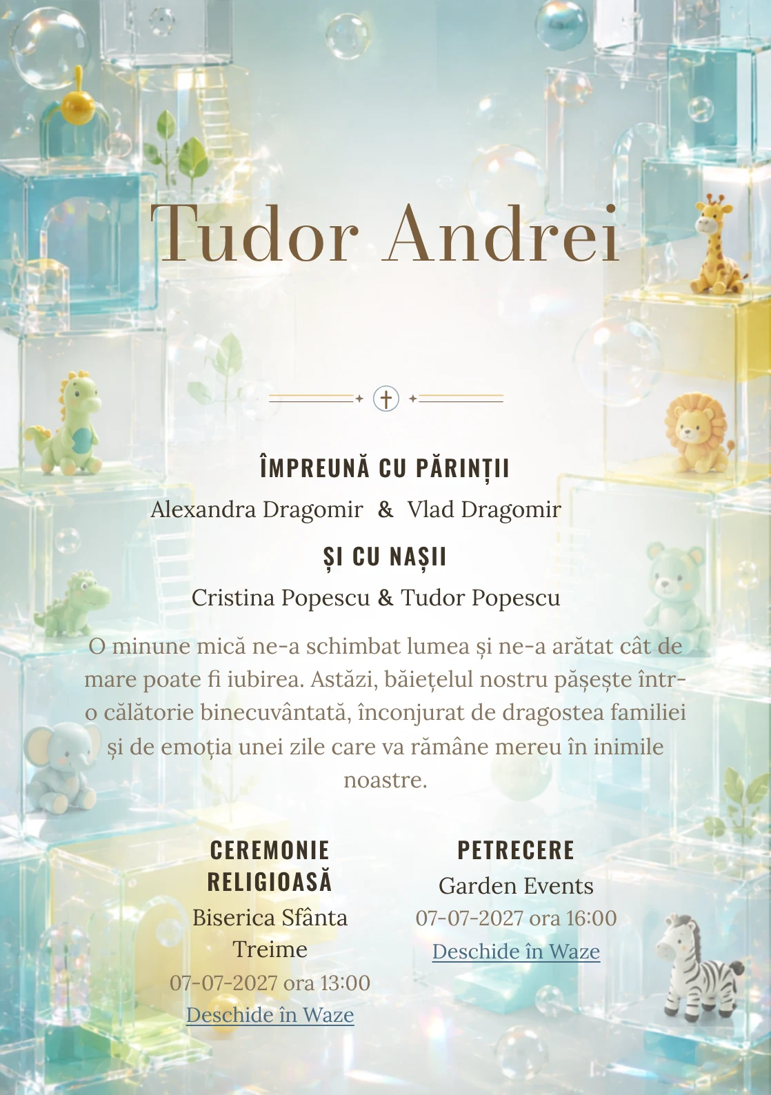 Cuburi Acrilice, din gama de invitații botez, combină un ansamblu de cuburi acrilice cu bule, într-o imagine coerentă de botez.