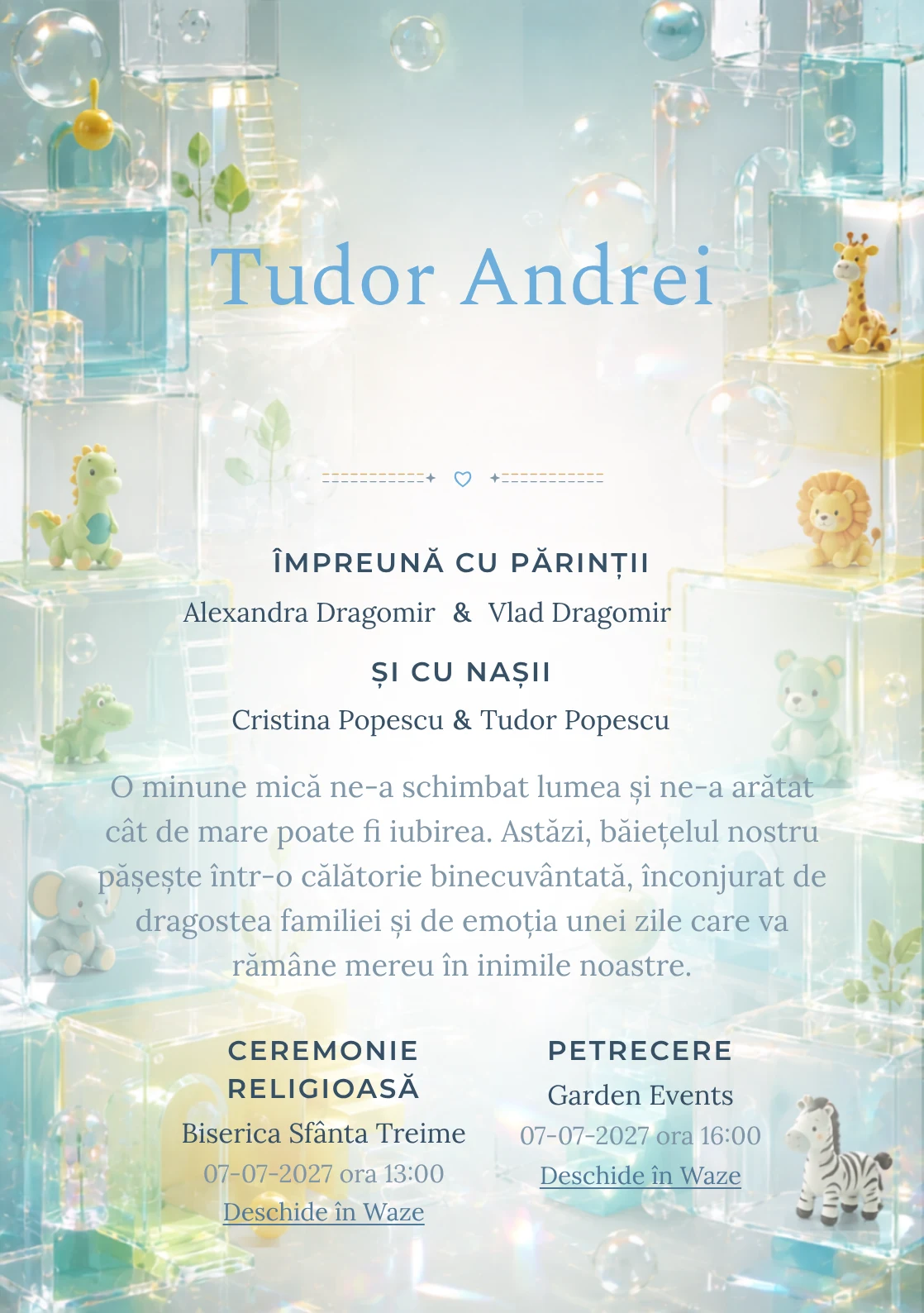 Cuburi Acrilice, din gama de invitații botez, combină un ansamblu de cuburi acrilice cu bule, într-o imagine coerentă de botez.