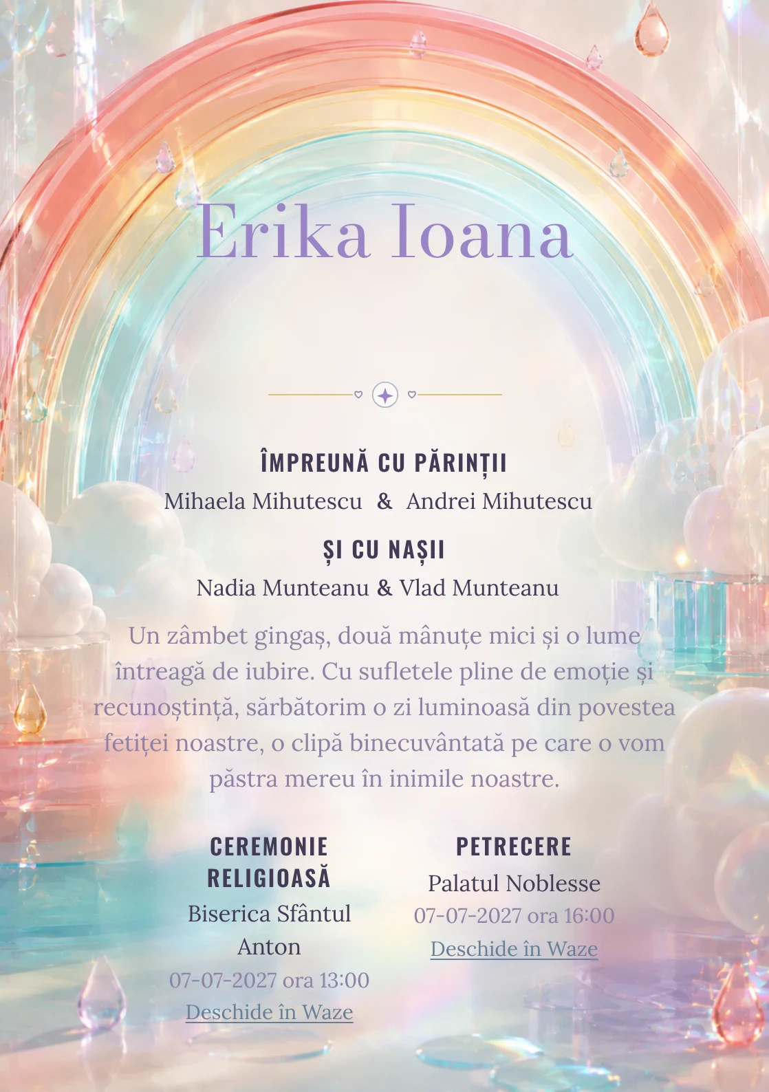 Curcubeu Translucid, din gama de invitații digitale botez, are ca reper vizual un curcubeu amplu din arcuri; compoziția include picături.