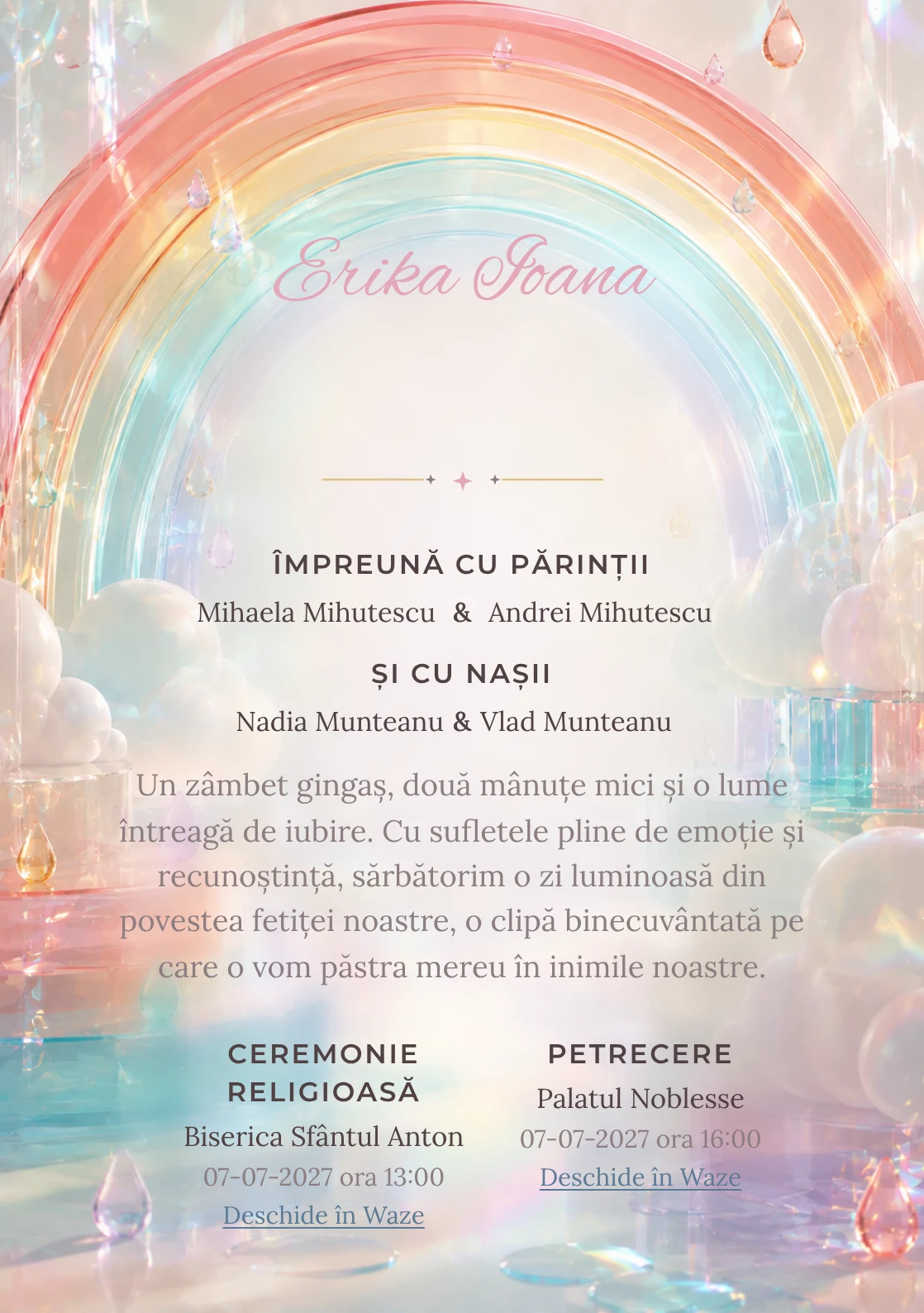 Curcubeu Translucid, din gama de invitații digitale botez, are ca reper vizual un curcubeu amplu din arcuri; compoziția include picături.