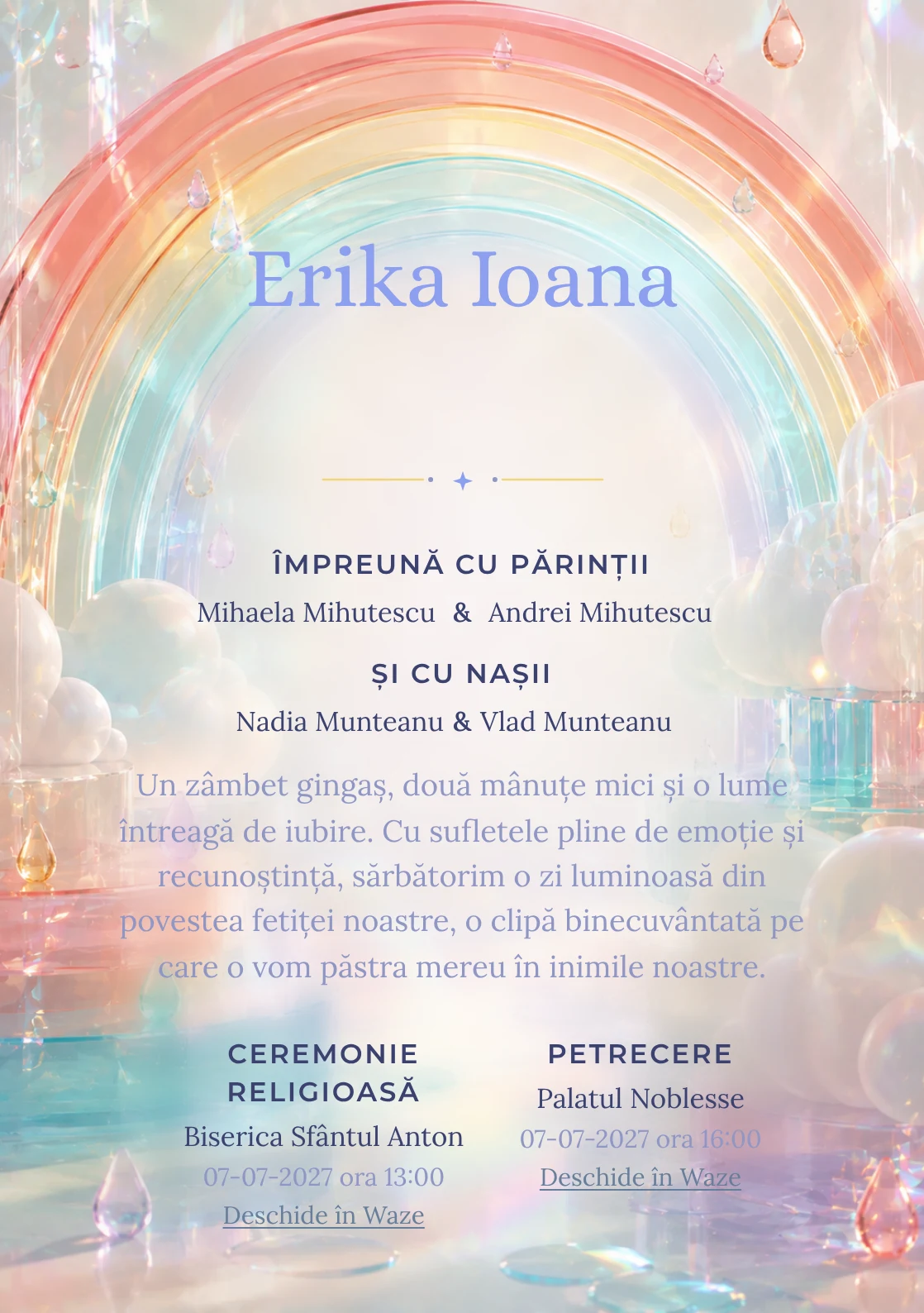Curcubeu Translucid, din gama de invitații digitale botez, are ca reper vizual un curcubeu amplu din arcuri; compoziția include picături.