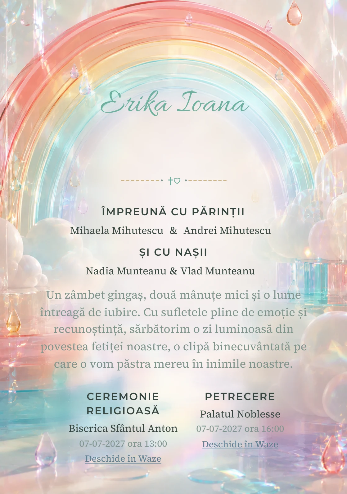 Curcubeu Translucid, din gama de invitații digitale botez, are ca reper vizual un curcubeu amplu din arcuri; compoziția include picături.