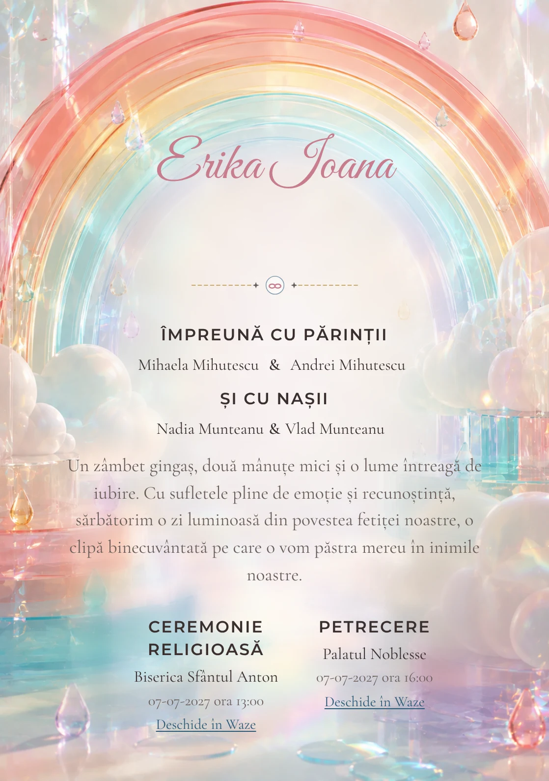 Curcubeu Translucid, din gama de invitații digitale botez, are ca reper vizual un curcubeu amplu din arcuri; compoziția include picături.