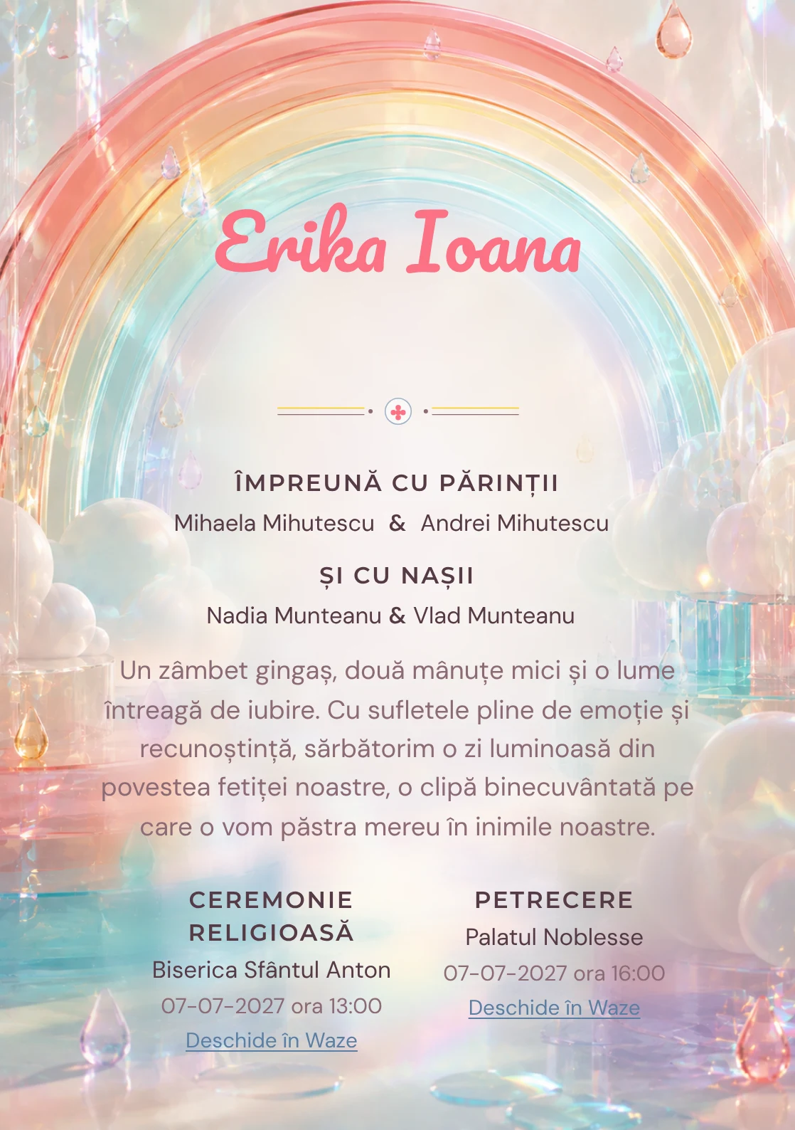 Curcubeu Translucid, din gama de invitații digitale botez, are ca reper vizual un curcubeu amplu din arcuri; compoziția include picături.