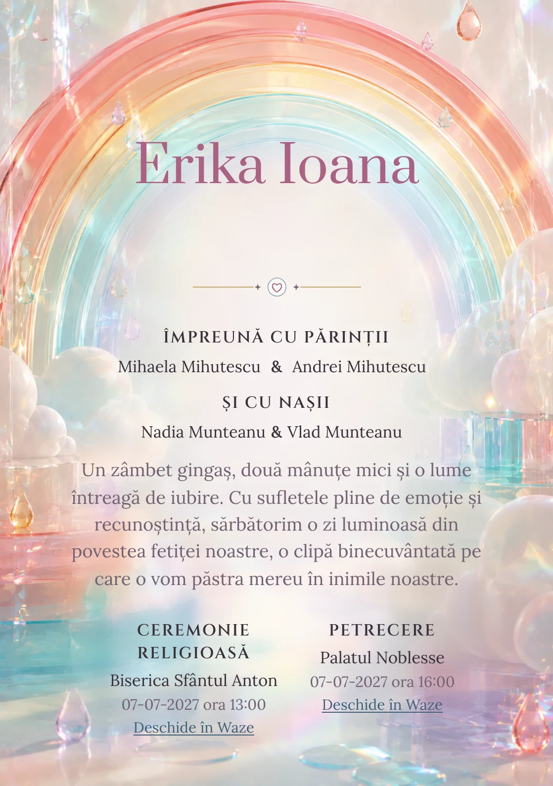 Curcubeu Translucid, din gama de invitații digitale botez, are ca reper vizual un curcubeu amplu din arcuri; compoziția include picături.