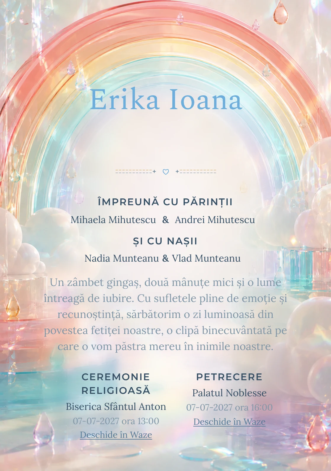 Curcubeu Translucid, din gama de invitații digitale botez, are ca reper vizual un curcubeu amplu din arcuri; compoziția include picături.