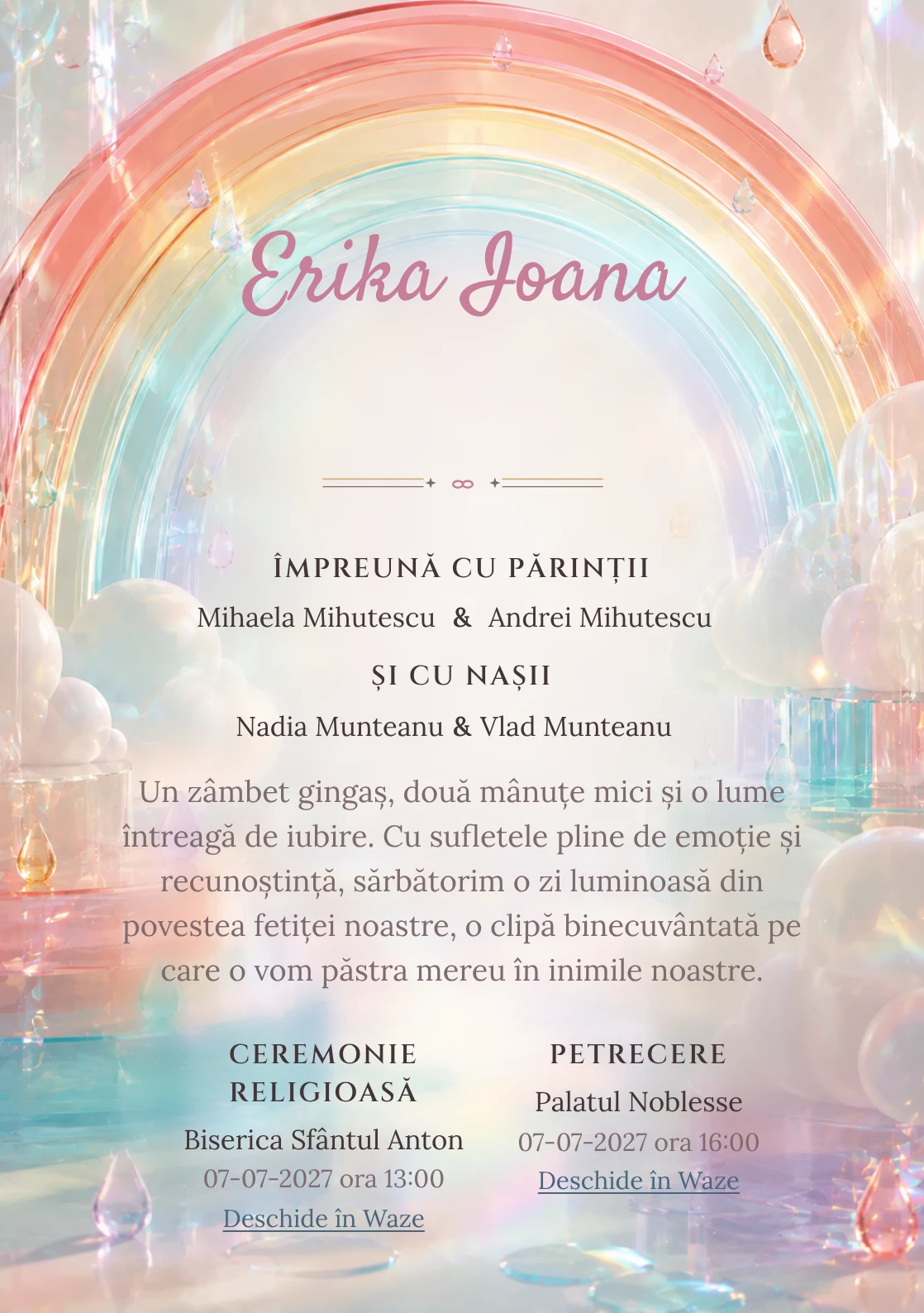 Curcubeu Translucid, din gama de invitații digitale botez, are ca reper vizual un curcubeu amplu din arcuri; compoziția include picături.