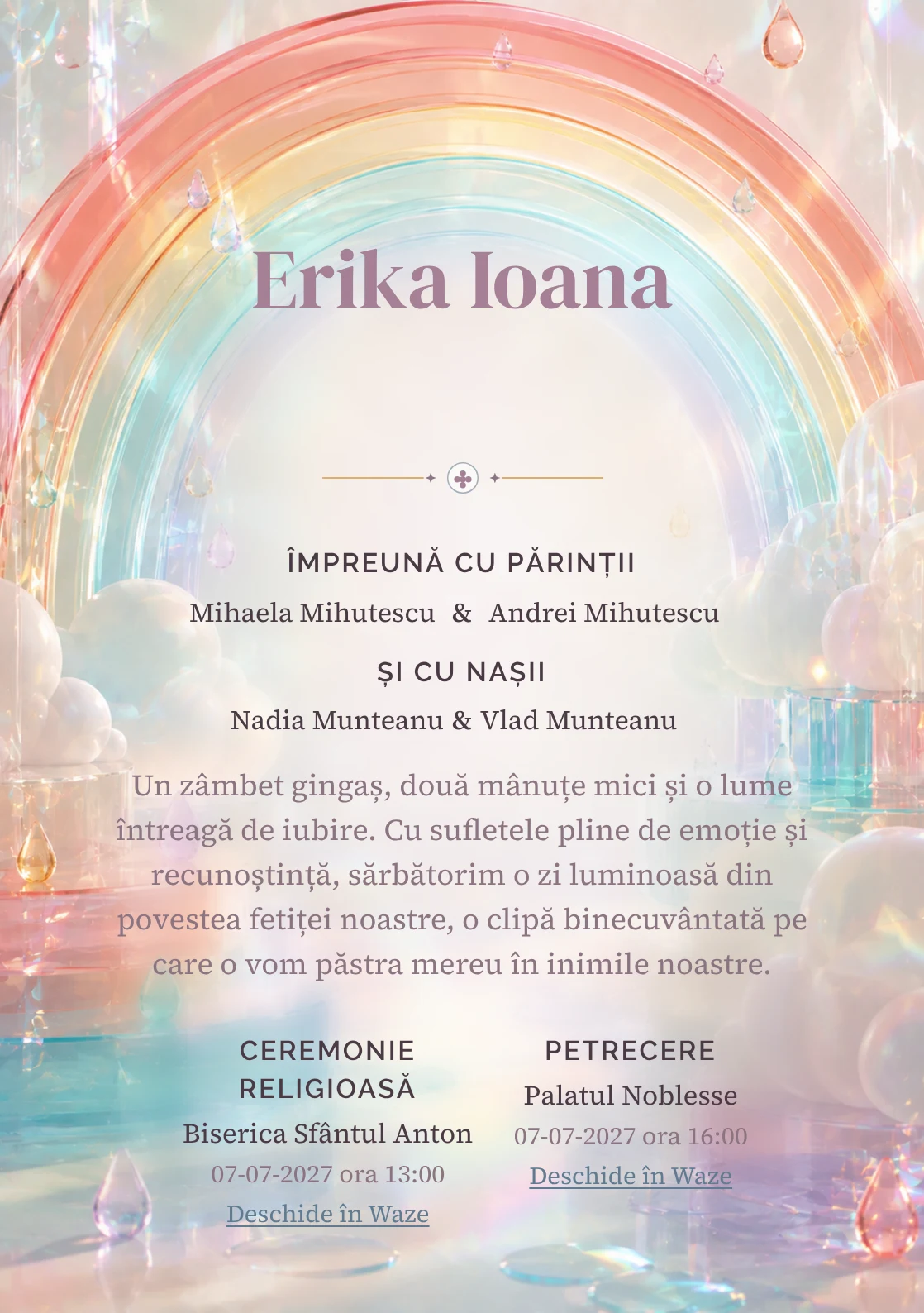 Curcubeu Translucid, din gama de invitații digitale botez, are ca reper vizual un curcubeu amplu din arcuri; compoziția include picături.