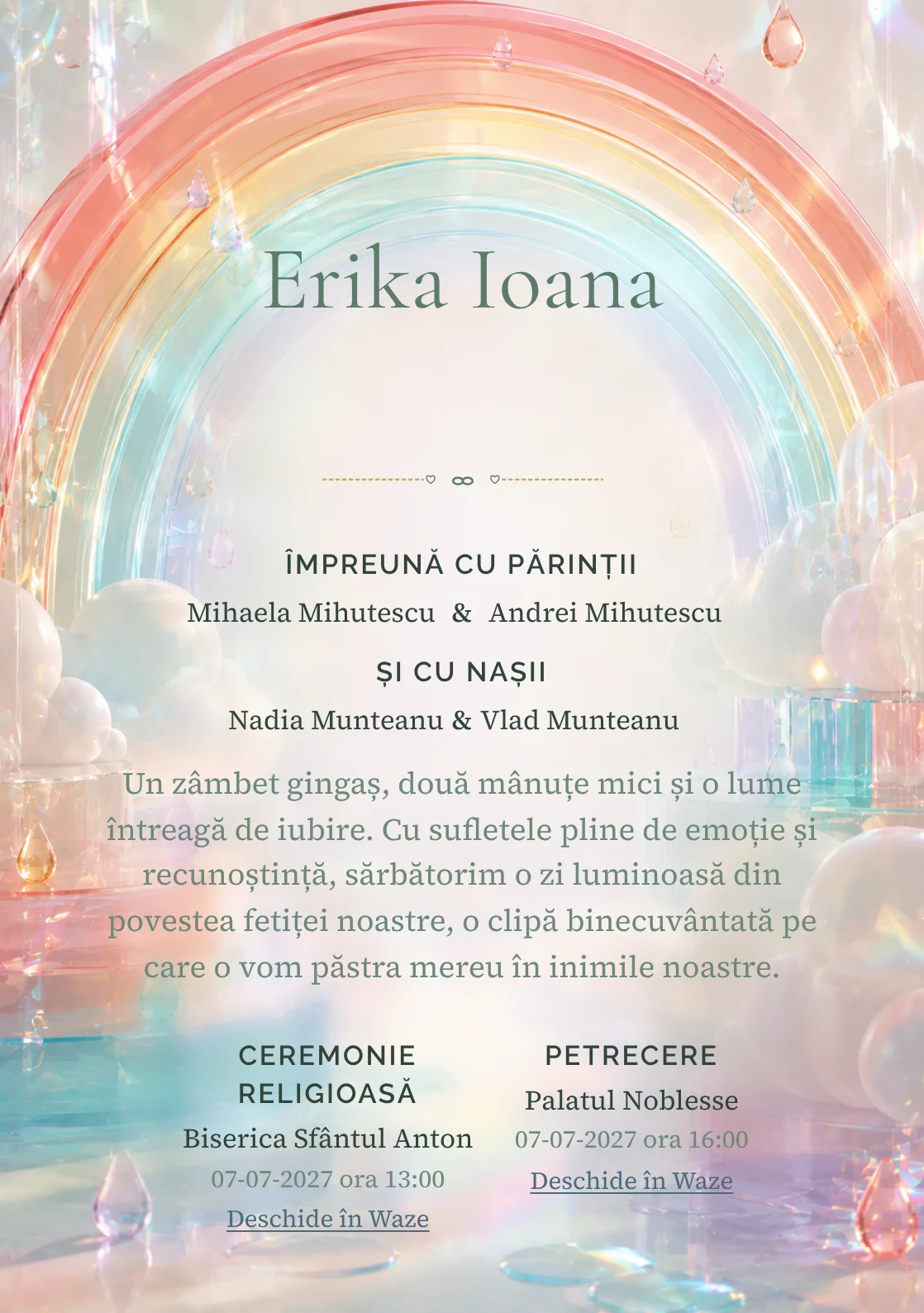 Curcubeu Translucid, din gama de invitații digitale botez, are ca reper vizual un curcubeu amplu din arcuri; compoziția include picături.