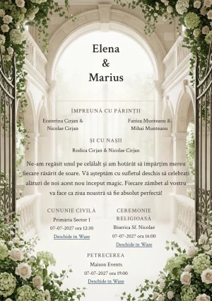 Curtea Conacului, în colecția de invitații nuntă, are ca reper vizual curte imaginară de conac cu poartă centrală, în nuanțe de bej conac, verde englezesc pal și alb antic.