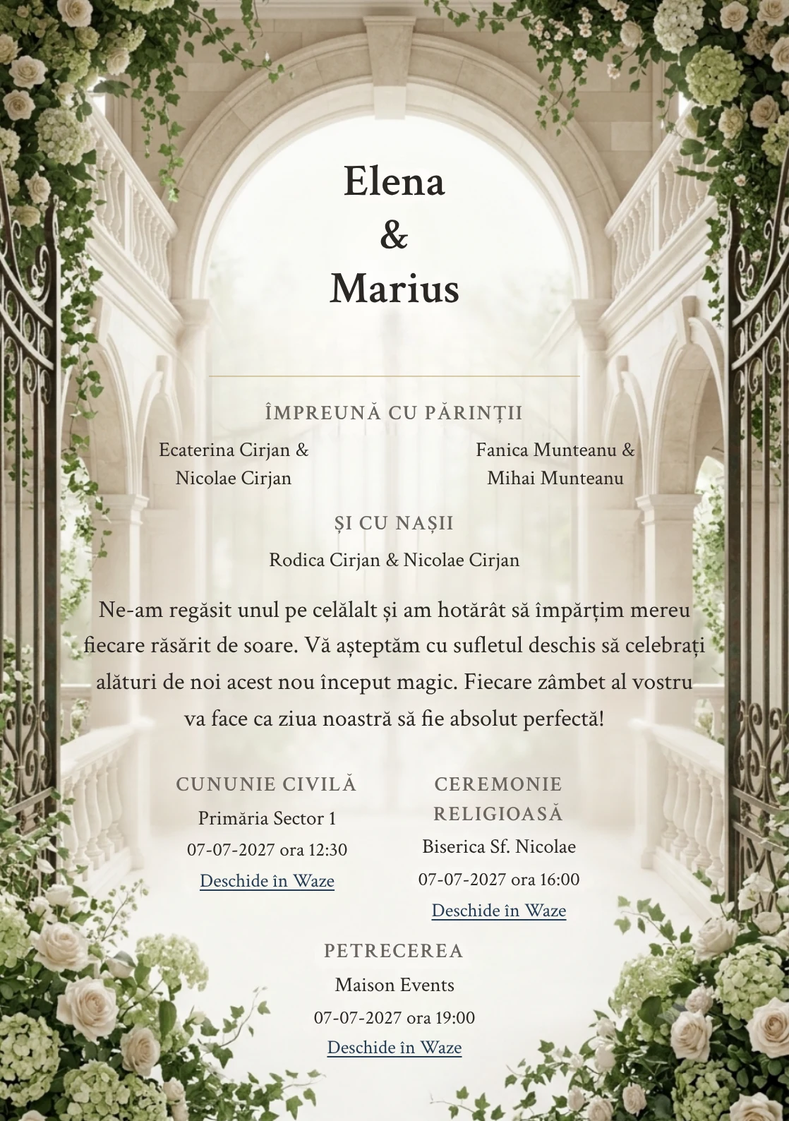 Curtea Conacului, în colecția de invitații nuntă, are ca reper vizual curte imaginară de conac cu poartă centrală, în nuanțe de bej conac, verde englezesc pal și alb antic.