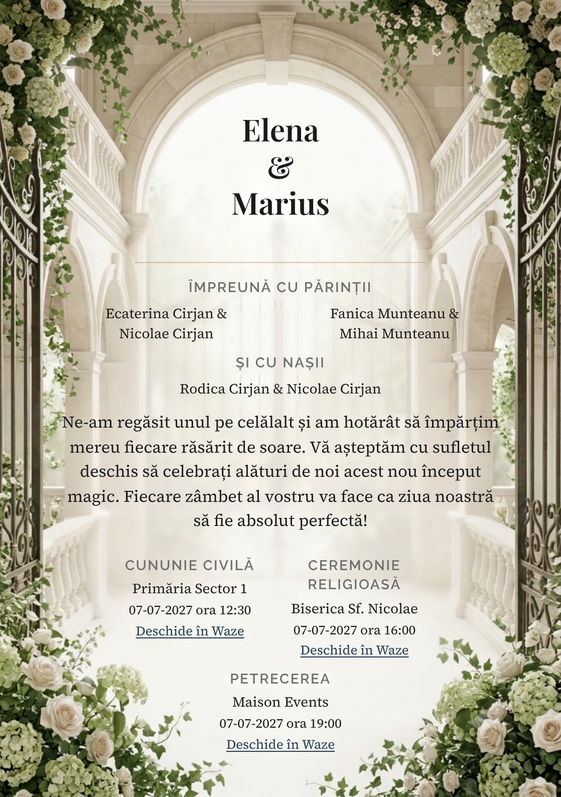 Curtea Conacului, în colecția de invitații nuntă, are ca reper vizual curte imaginară de conac cu poartă centrală, în nuanțe de bej conac, verde englezesc pal și alb antic.