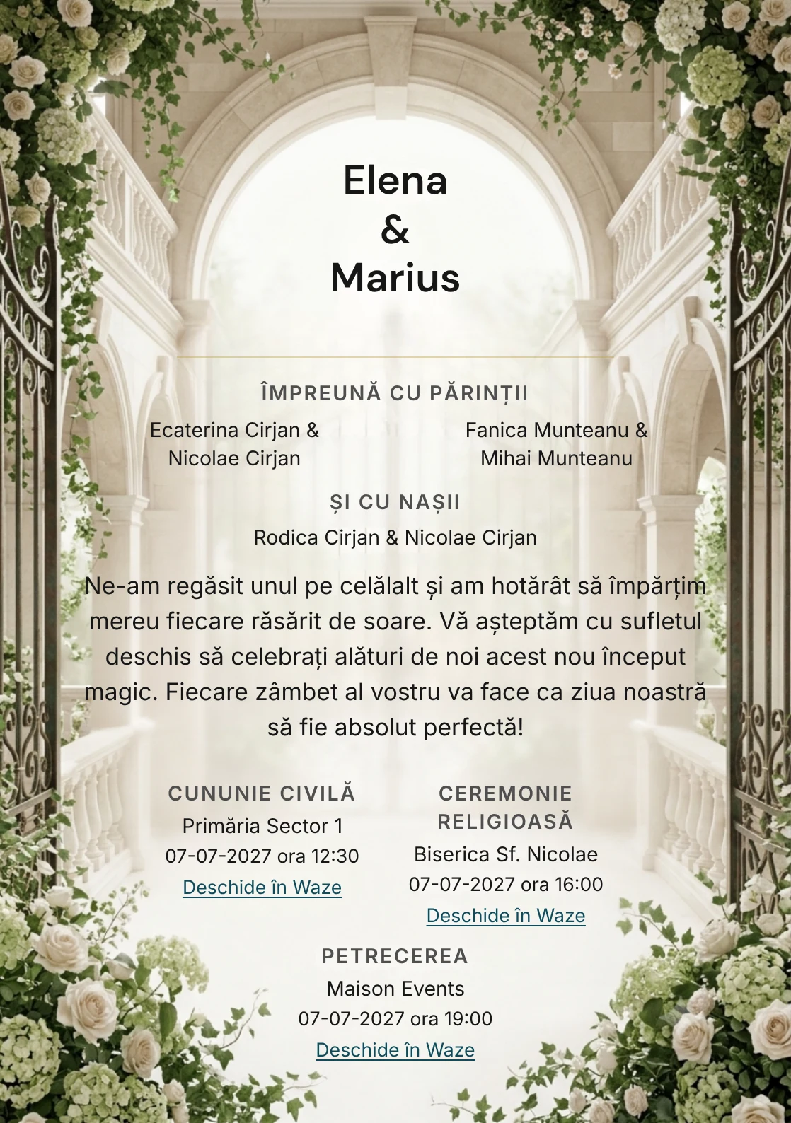 Curtea Conacului, în colecția de invitații nuntă, are ca reper vizual curte imaginară de conac cu poartă centrală, în nuanțe de bej conac, verde englezesc pal și alb antic.