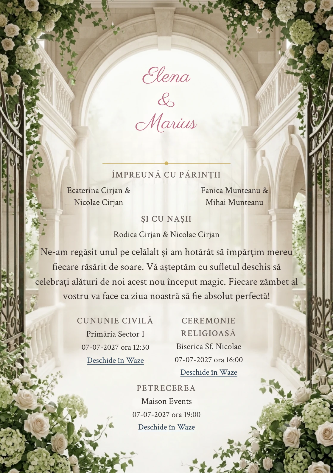 Curtea Conacului, în colecția de invitații nuntă, are ca reper vizual curte imaginară de conac cu poartă centrală, în nuanțe de bej conac, verde englezesc pal și alb antic.