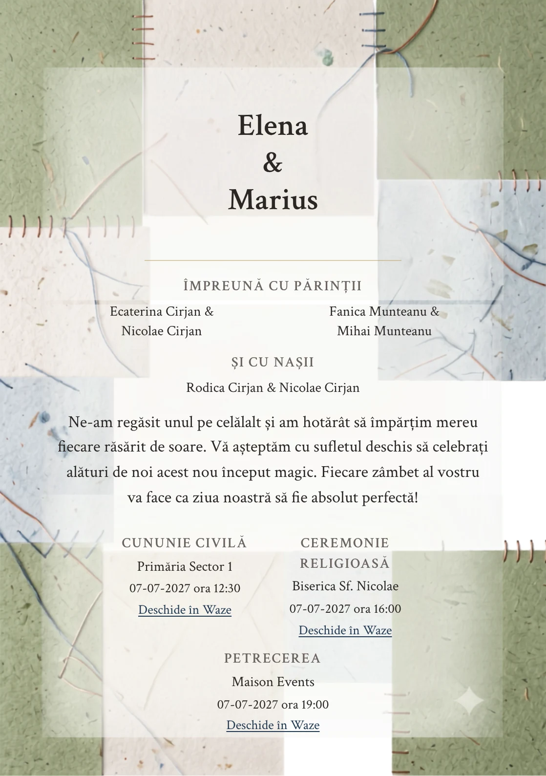 Cusături de Hârtie, pentru invitații de nuntă, are ca reper vizual panouri de hârtie reciclată cusute discret, în nuanțe de verde hârtie reciclată.