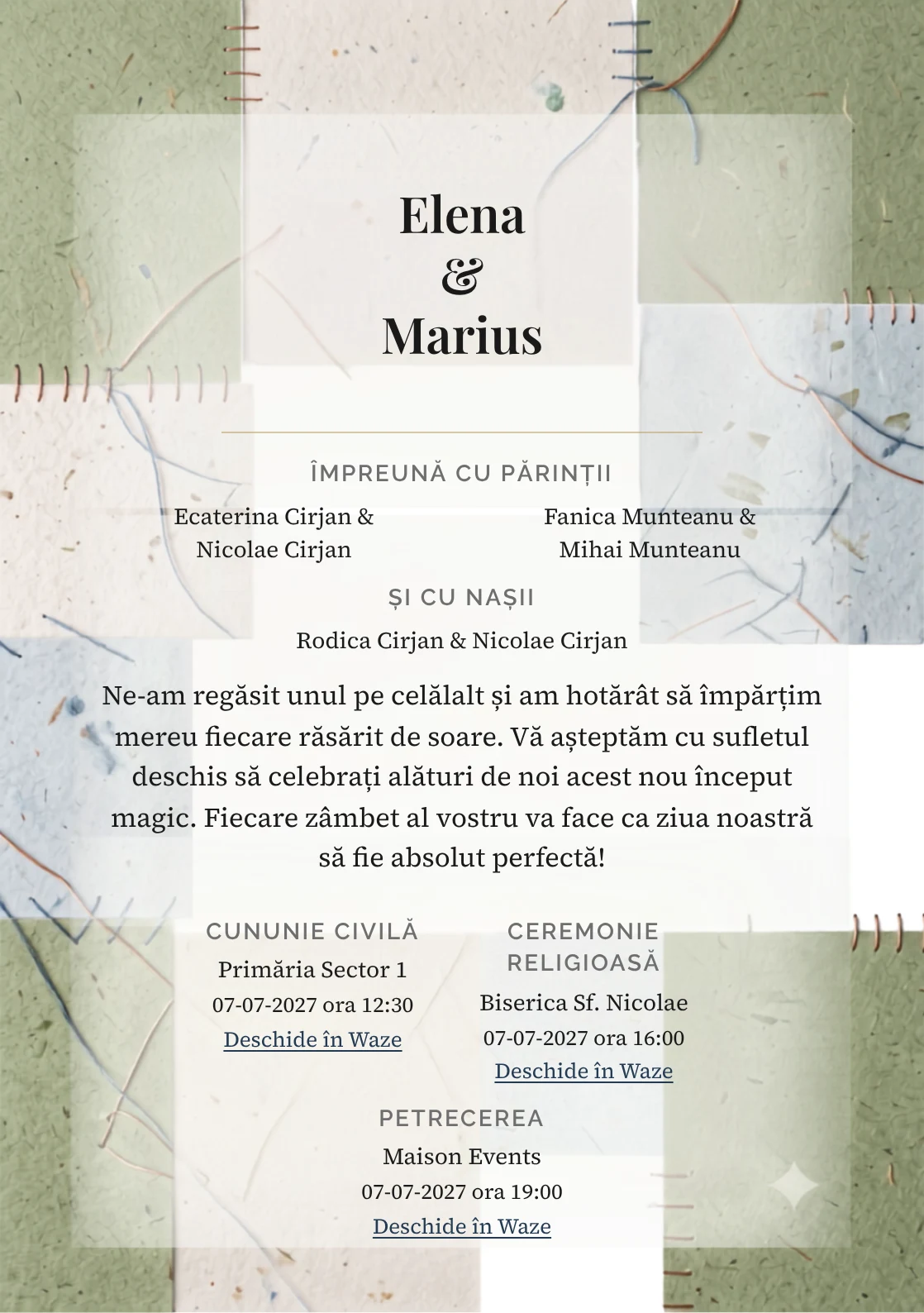 Cusături de Hârtie, pentru invitații de nuntă, are ca reper vizual panouri de hârtie reciclată cusute discret, în nuanțe de verde hârtie reciclată.