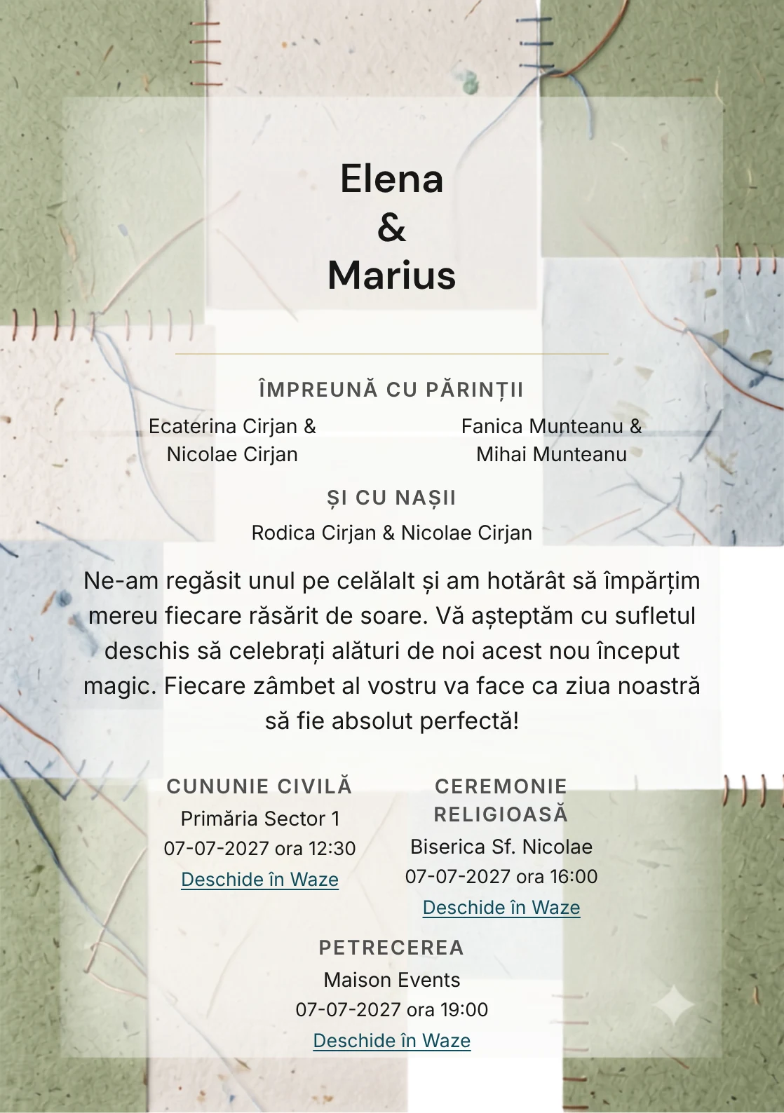 Cusături de Hârtie, pentru invitații de nuntă, are ca reper vizual panouri de hârtie reciclată cusute discret, în nuanțe de verde hârtie reciclată.