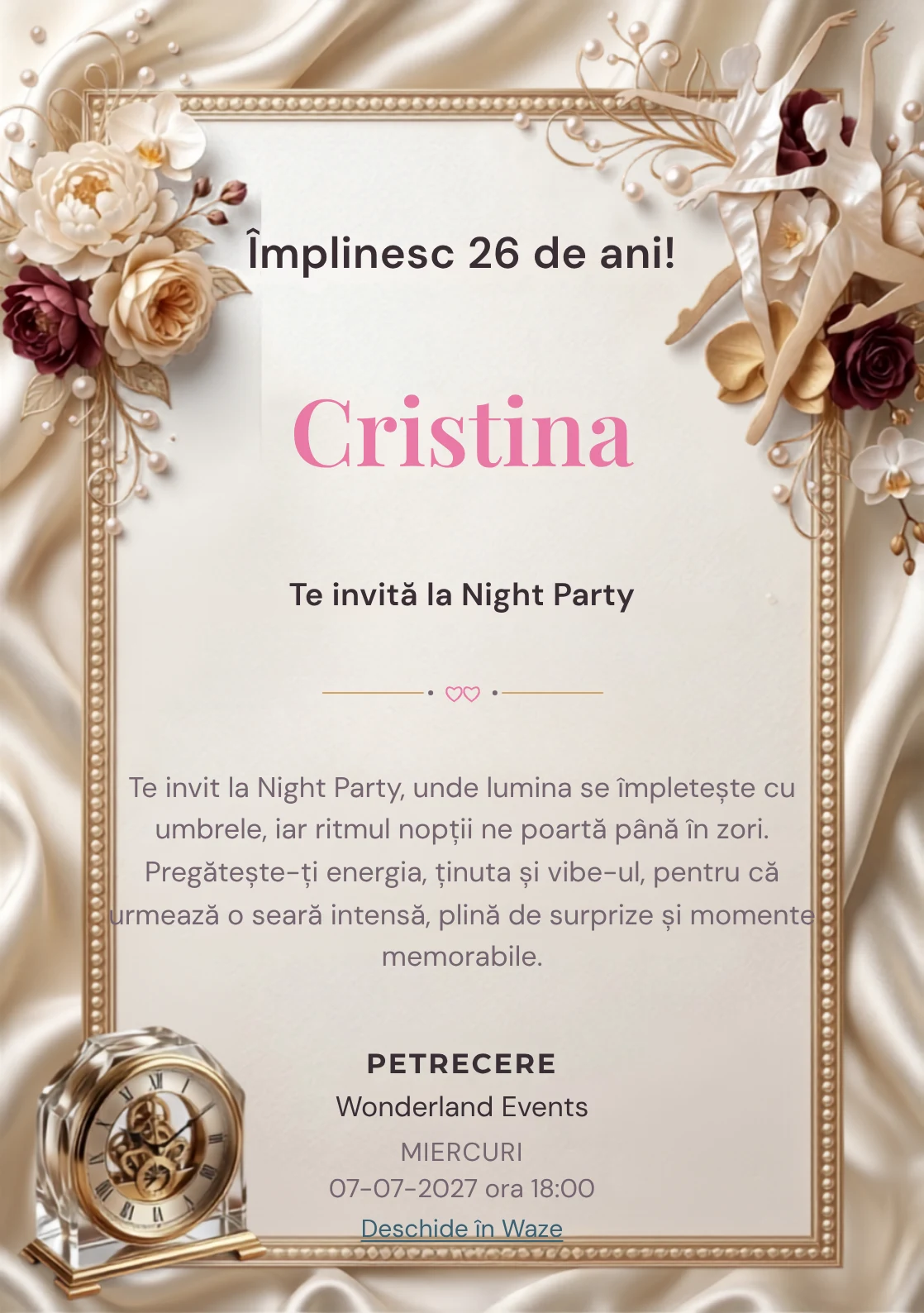 Dans Contemporan este un model de invitații digitale de zi de naștere, definit vizual de două siluete abstracte de dansatori.