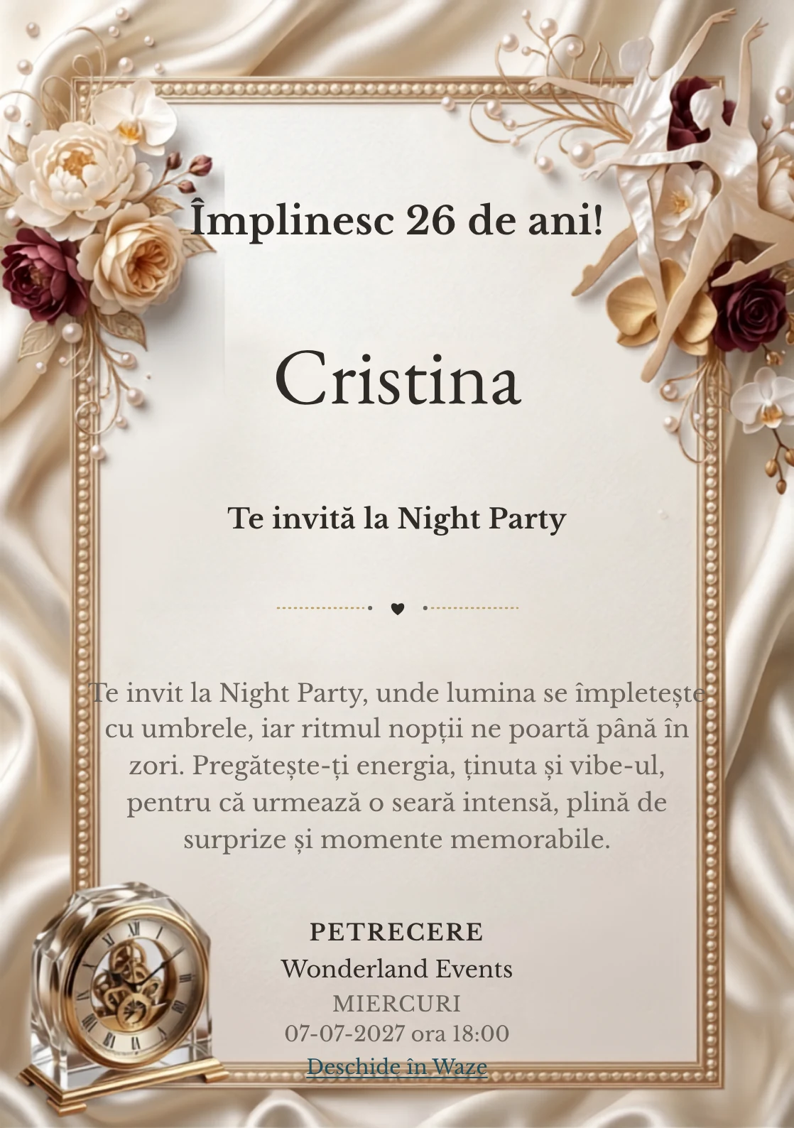Dans Contemporan este un model de invitații digitale de zi de naștere, definit vizual de două siluete abstracte de dansatori.