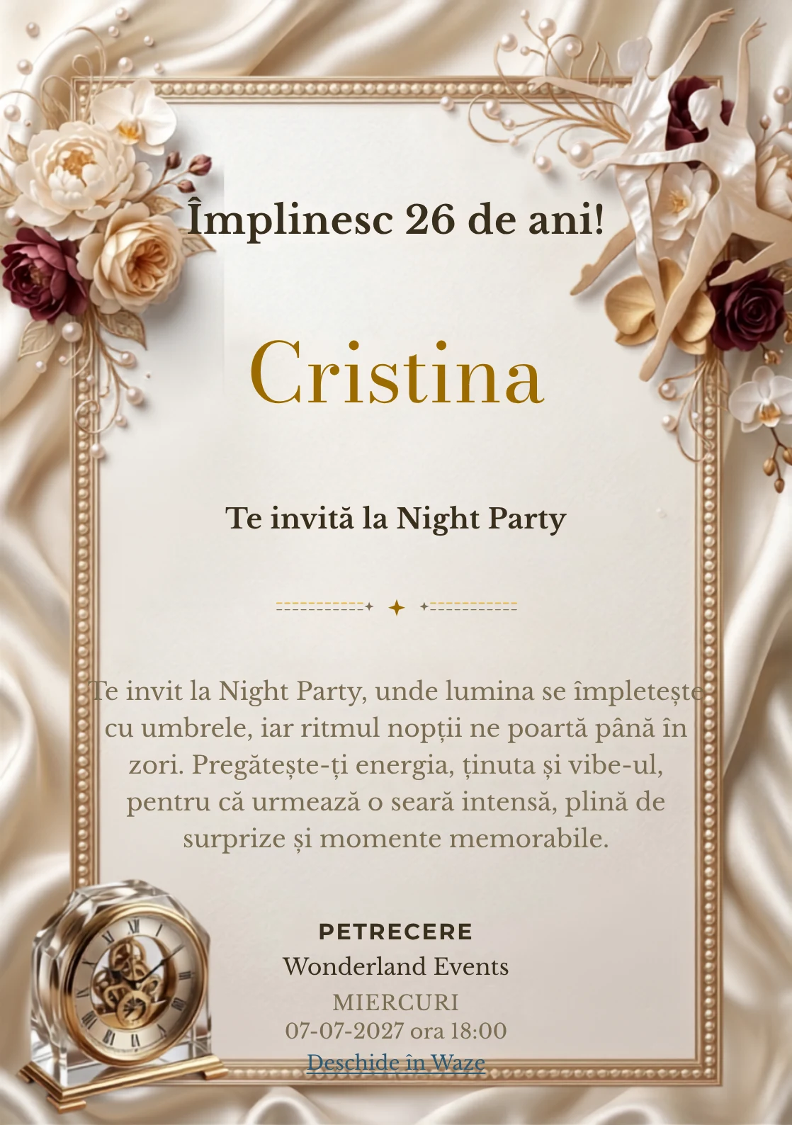 Dans Contemporan este un model de invitații digitale de zi de naștere, definit vizual de două siluete abstracte de dansatori.