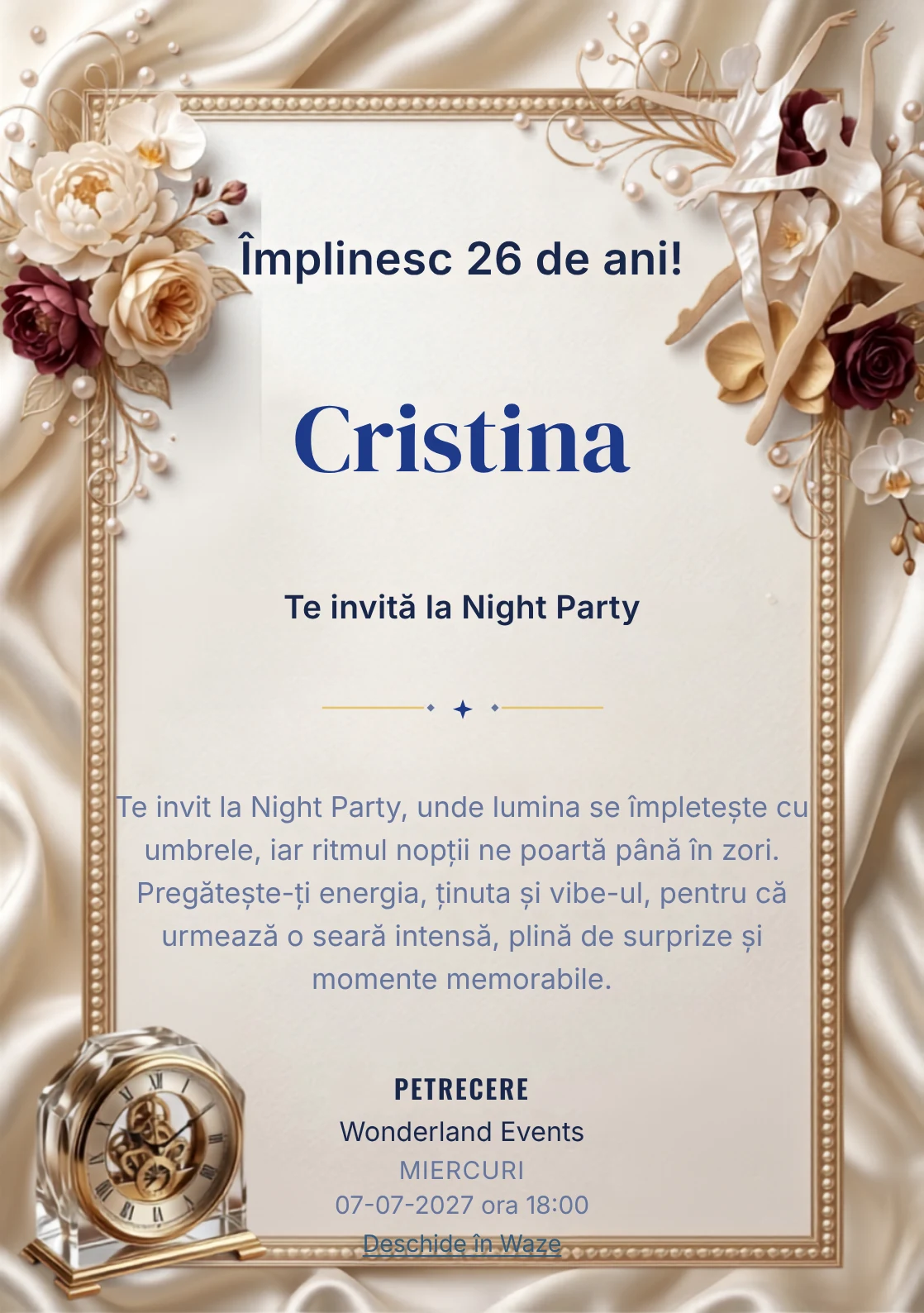 Dans Contemporan este un model de invitații digitale de zi de naștere, definit vizual de două siluete abstracte de dansatori.