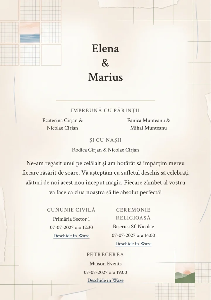 Destinație Editorială, în colecția de invitații nuntă, are ca reper vizual colaj editorial cu ferestre de peisaj, în nuanțe de nisip jurnal.