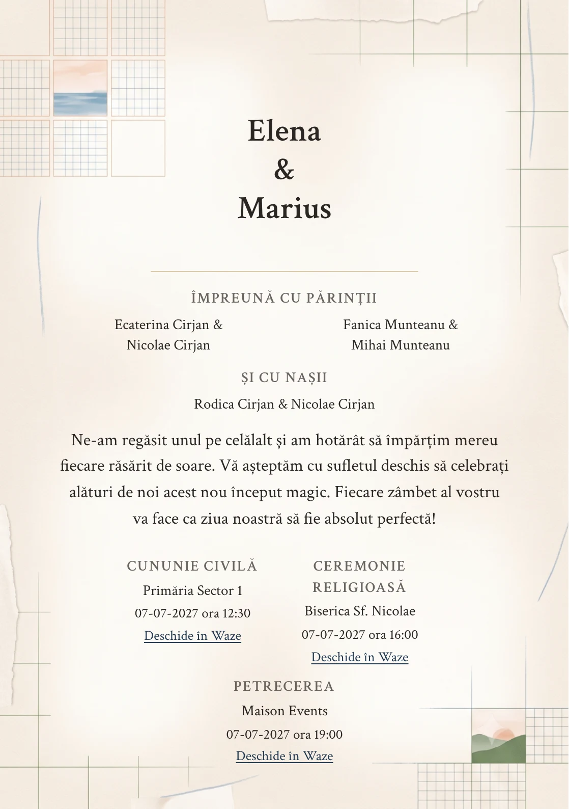 Destinație Editorială, în colecția de invitații nuntă, are ca reper vizual colaj editorial cu ferestre de peisaj, în nuanțe de nisip jurnal.