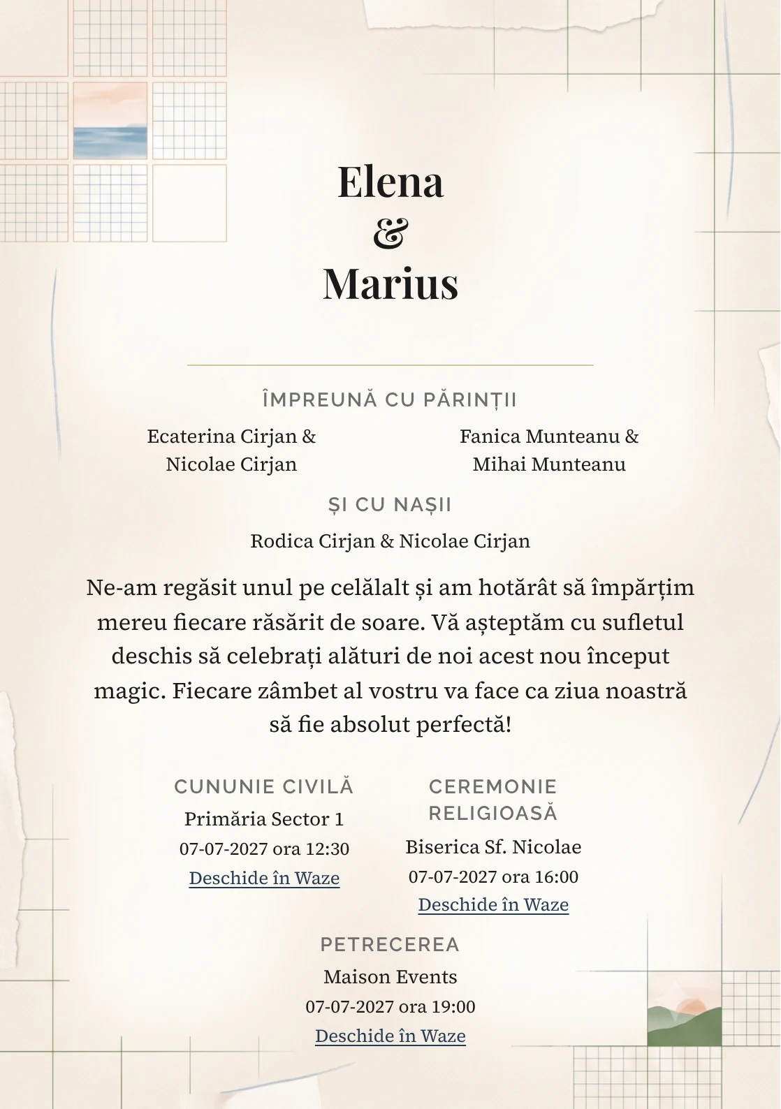 Destinație Editorială, în colecția de invitații nuntă, are ca reper vizual colaj editorial cu ferestre de peisaj, în nuanțe de nisip jurnal.