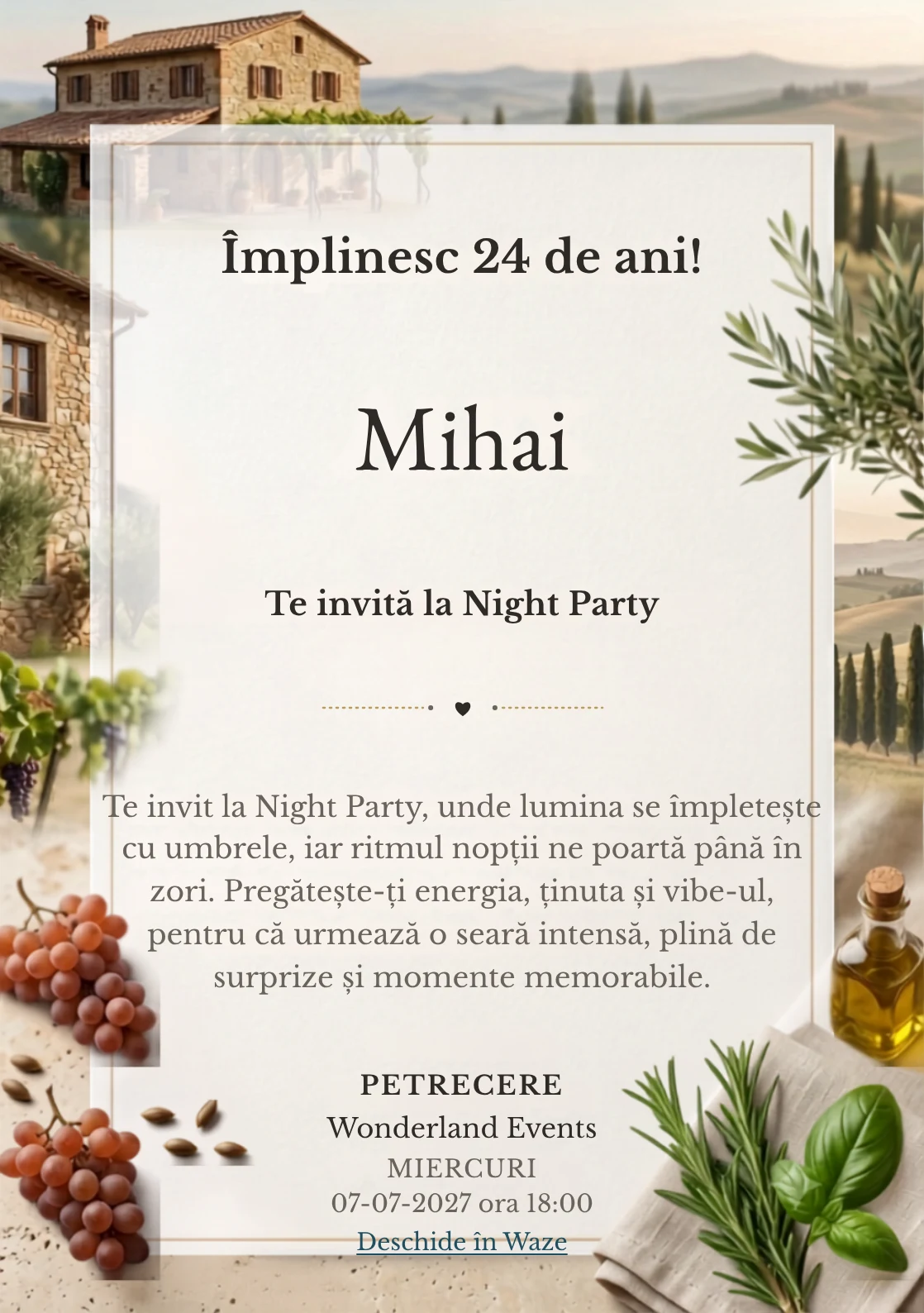Pentru aniversările adulților, Dimineață în Toscana propune invitații digitale cu o casă rurală și nuanțe de verde măsliniu și ocru pal.