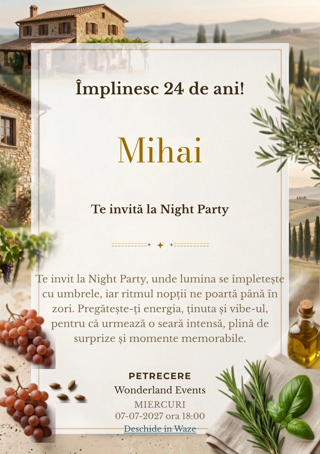 Pentru aniversările adulților, Dimineață în Toscana propune invitații digitale cu o casă rurală și nuanțe de verde măsliniu și ocru pal.