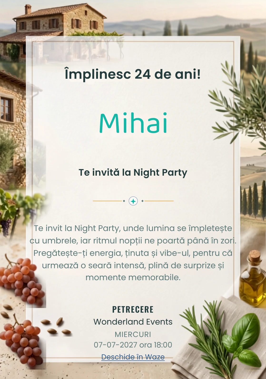 Pentru aniversările adulților, Dimineață în Toscana propune invitații digitale cu o casă rurală și nuanțe de verde măsliniu și ocru pal.