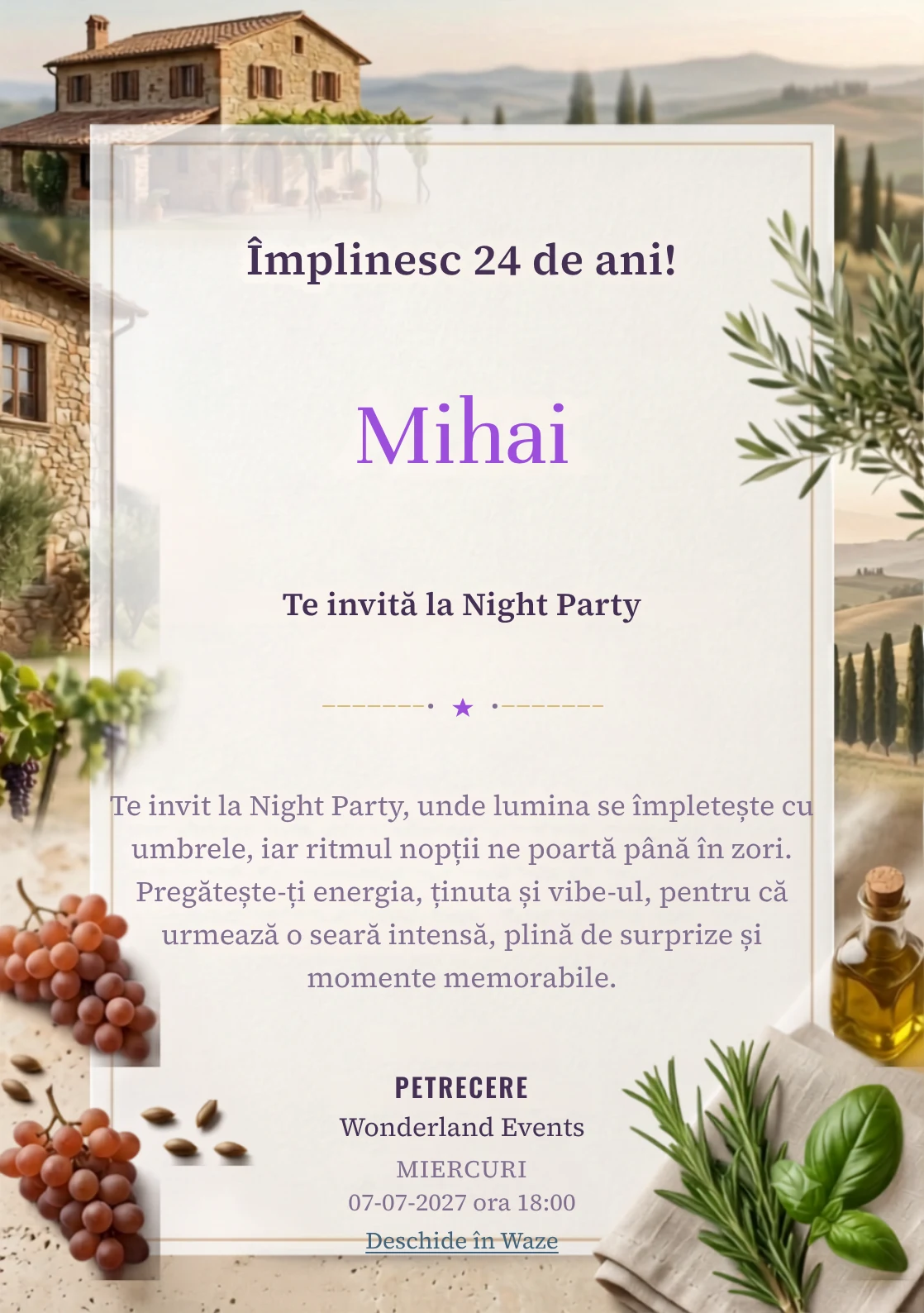 Pentru aniversările adulților, Dimineață în Toscana propune invitații digitale cu o casă rurală și nuanțe de verde măsliniu și ocru pal.