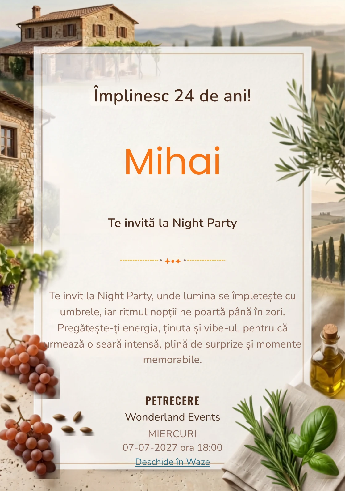 Pentru aniversările adulților, Dimineață în Toscana propune invitații digitale cu o casă rurală și nuanțe de verde măsliniu și ocru pal.