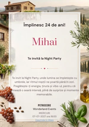 Pentru aniversările adulților, Dimineață în Toscana propune invitații digitale cu o casă rurală și nuanțe de verde măsliniu și ocru pal.