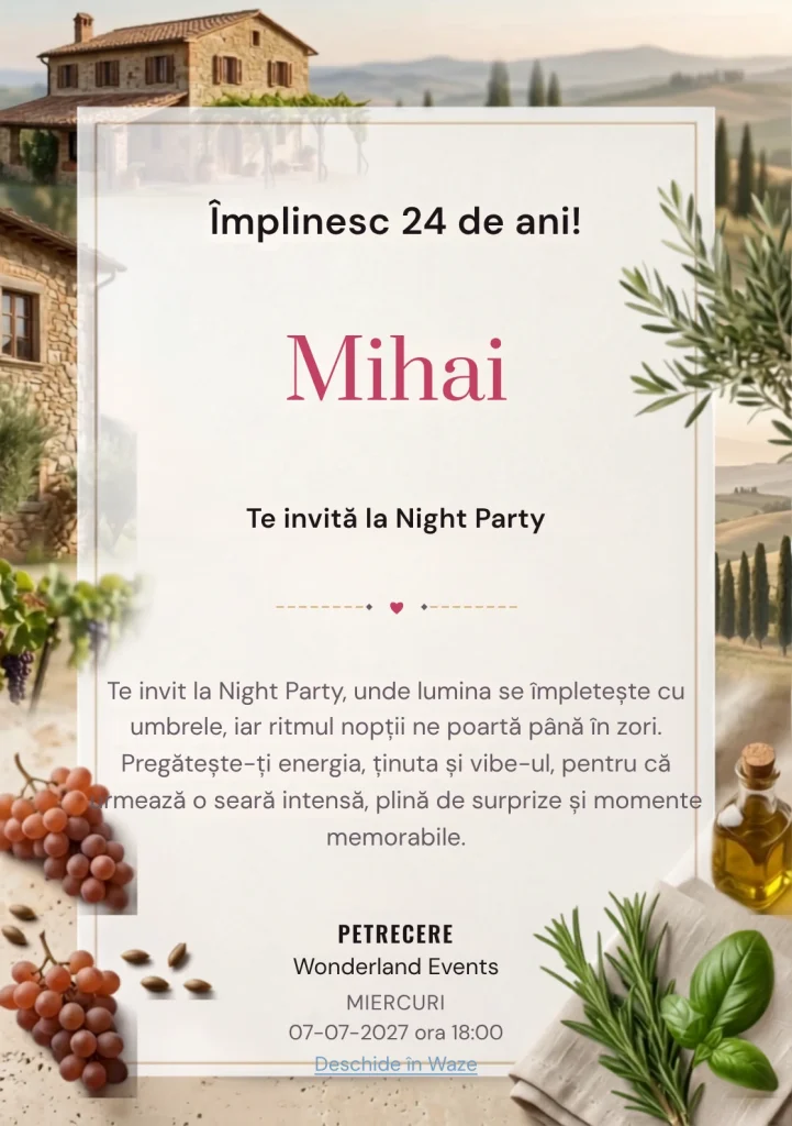 Pentru aniversările adulților, Dimineață în Toscana propune invitații digitale cu o casă rurală și nuanțe de verde măsliniu și ocru pal.