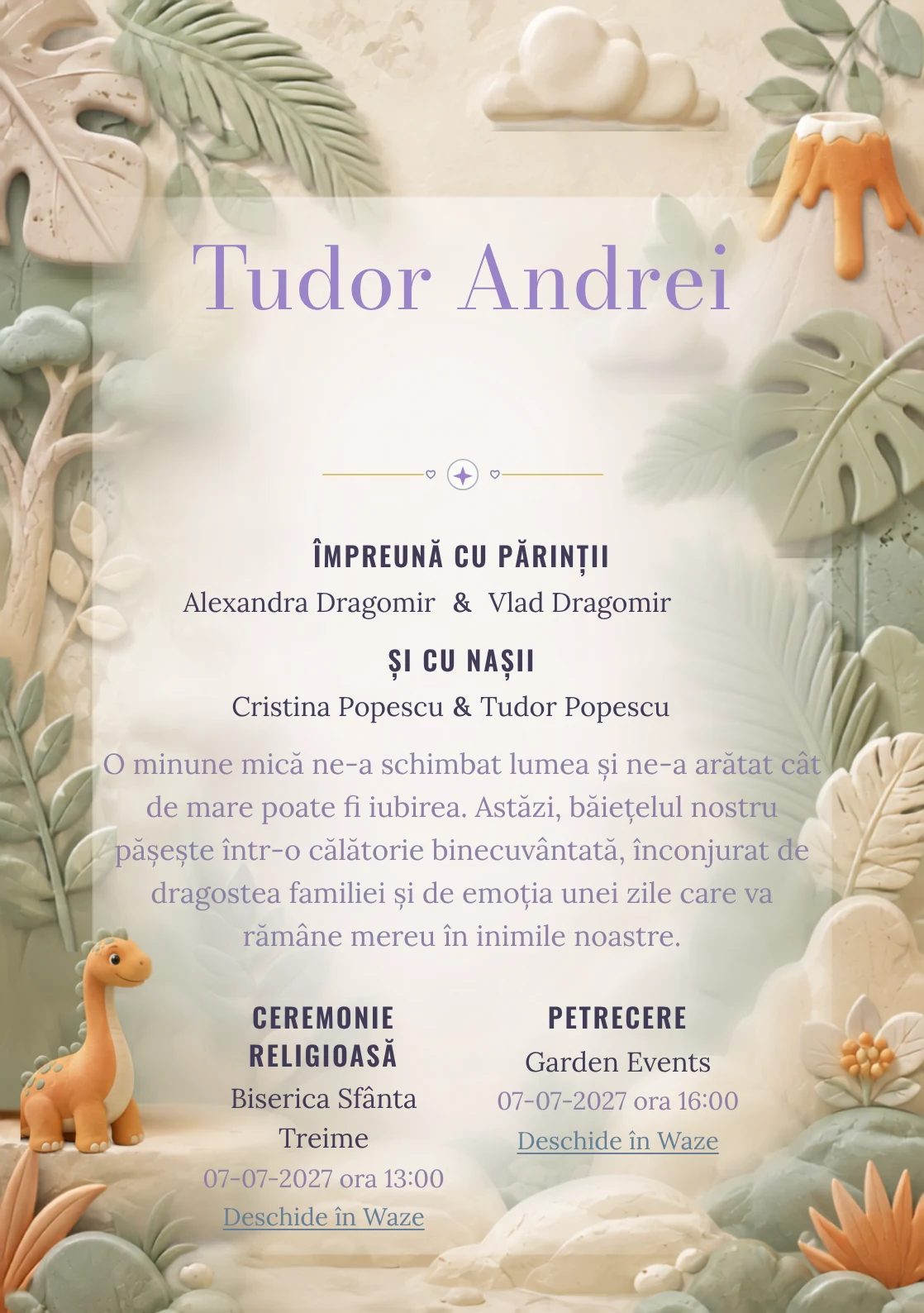Imaginea Dinozaur de Porțelan, din gama de invitații botez băiat, pune în valoare un dinozaur blând modelat, cu frunze în relief.