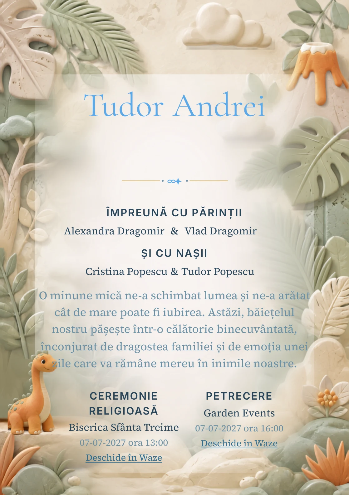 Imaginea Dinozaur de Porțelan, din gama de invitații botez băiat, pune în valoare un dinozaur blând modelat, cu frunze în relief.