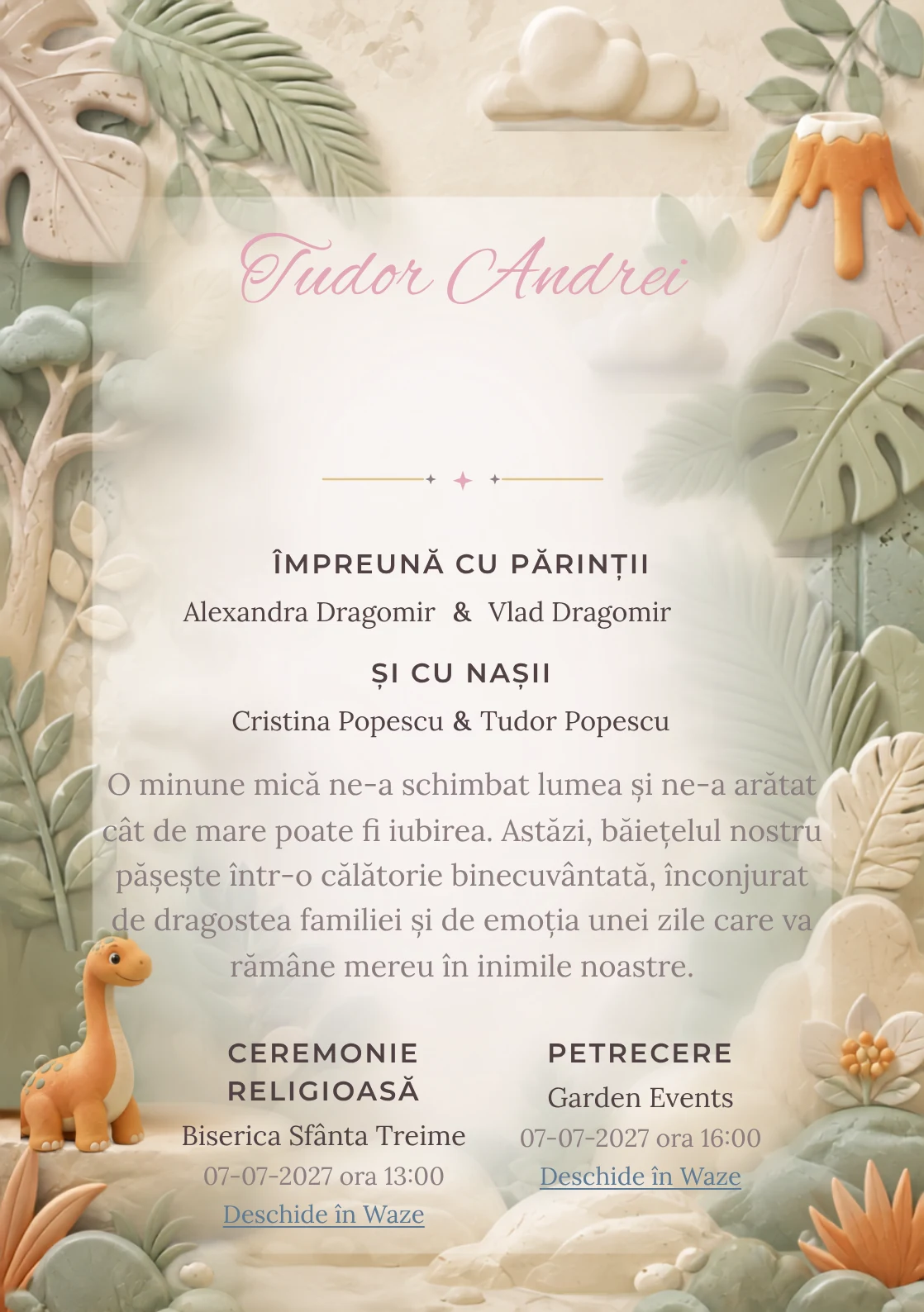 Imaginea Dinozaur de Porțelan, din gama de invitații botez băiat, pune în valoare un dinozaur blând modelat, cu frunze în relief.