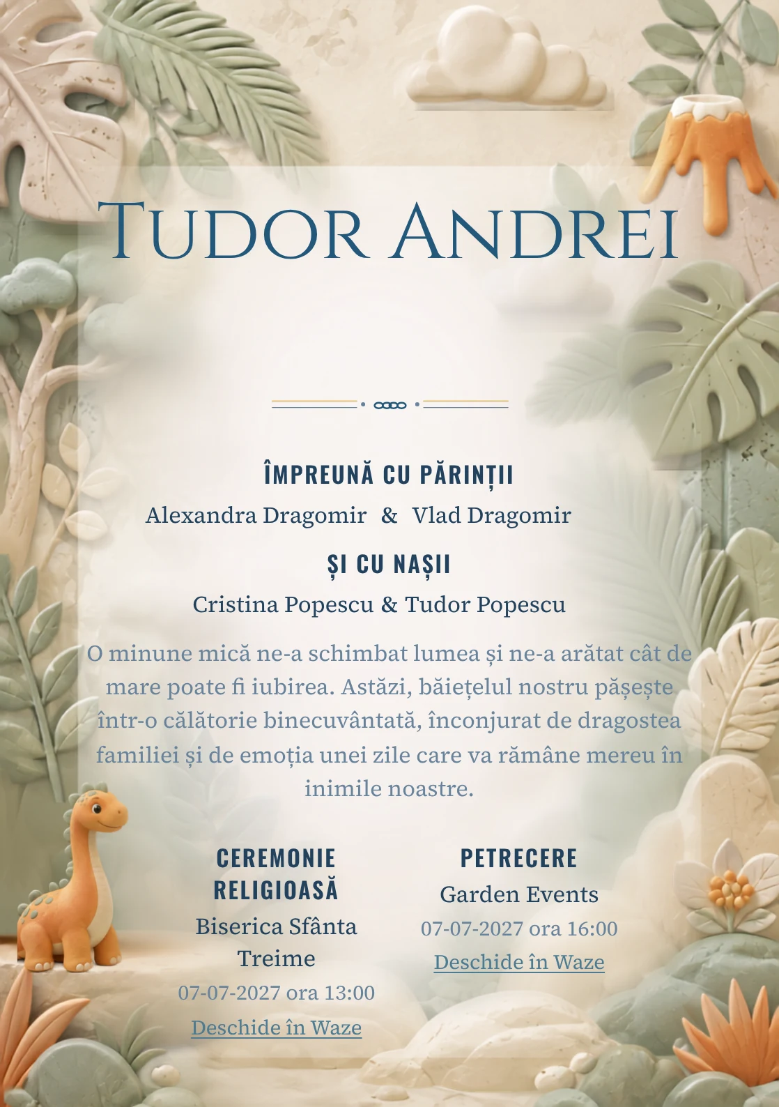 Imaginea Dinozaur de Porțelan, din gama de invitații botez băiat, pune în valoare un dinozaur blând modelat, cu frunze în relief.