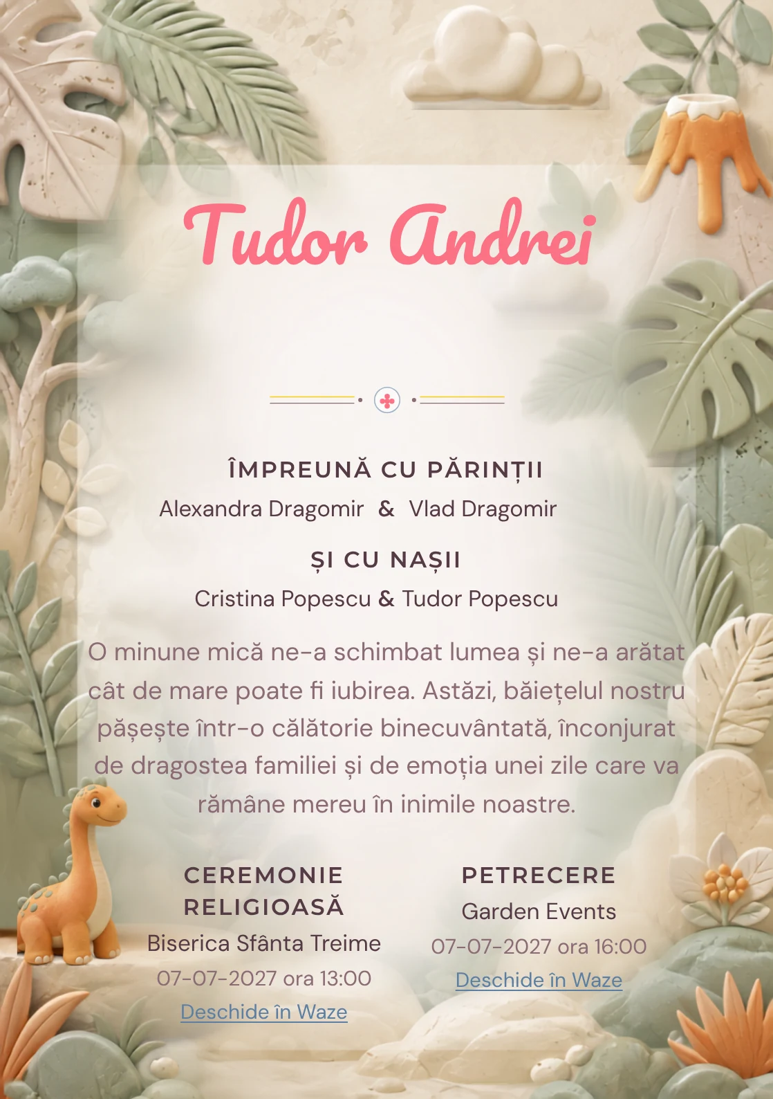 Imaginea Dinozaur de Porțelan, din gama de invitații botez băiat, pune în valoare un dinozaur blând modelat, cu frunze în relief.