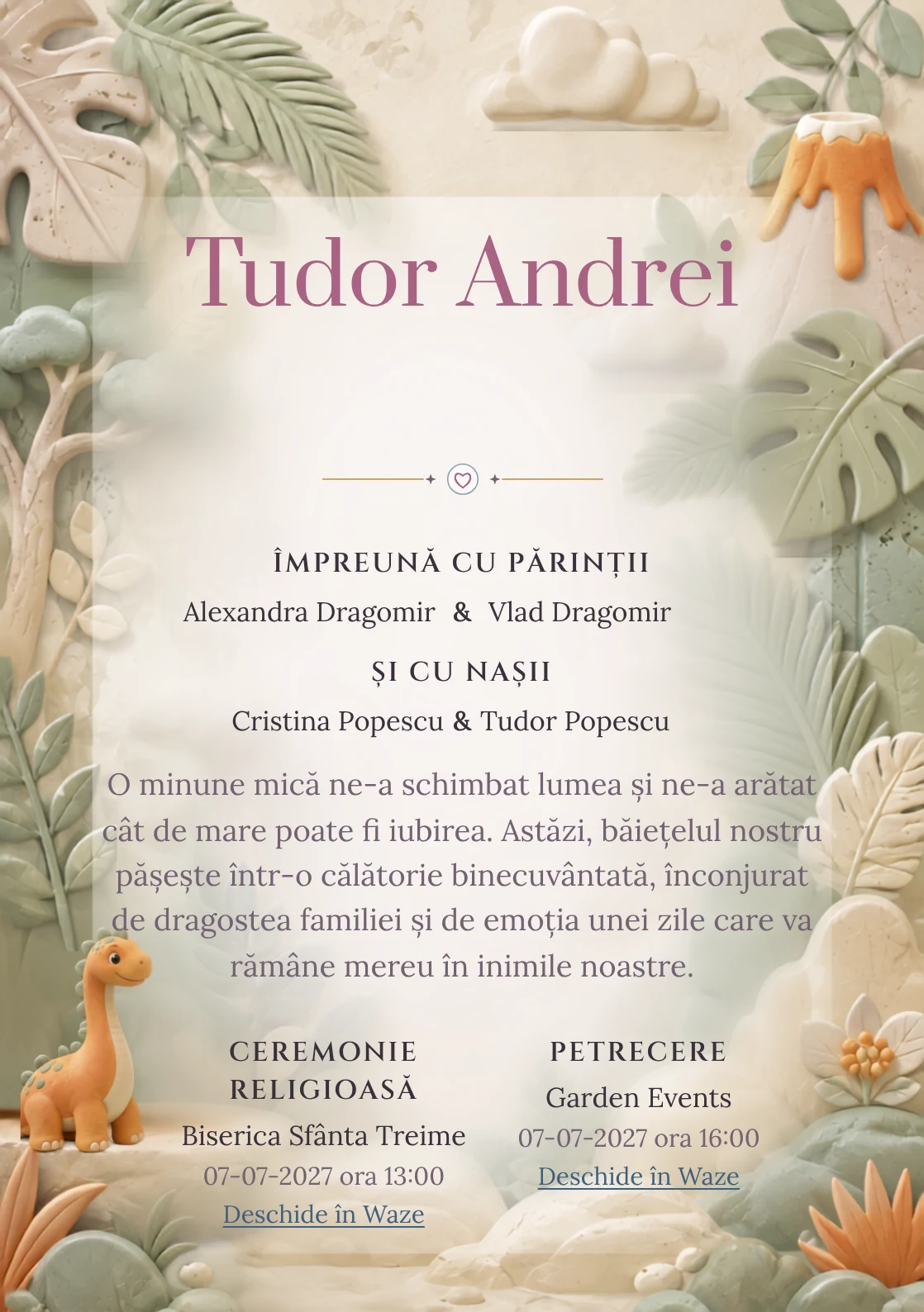 Imaginea Dinozaur de Porțelan, din gama de invitații botez băiat, pune în valoare un dinozaur blând modelat, cu frunze în relief.