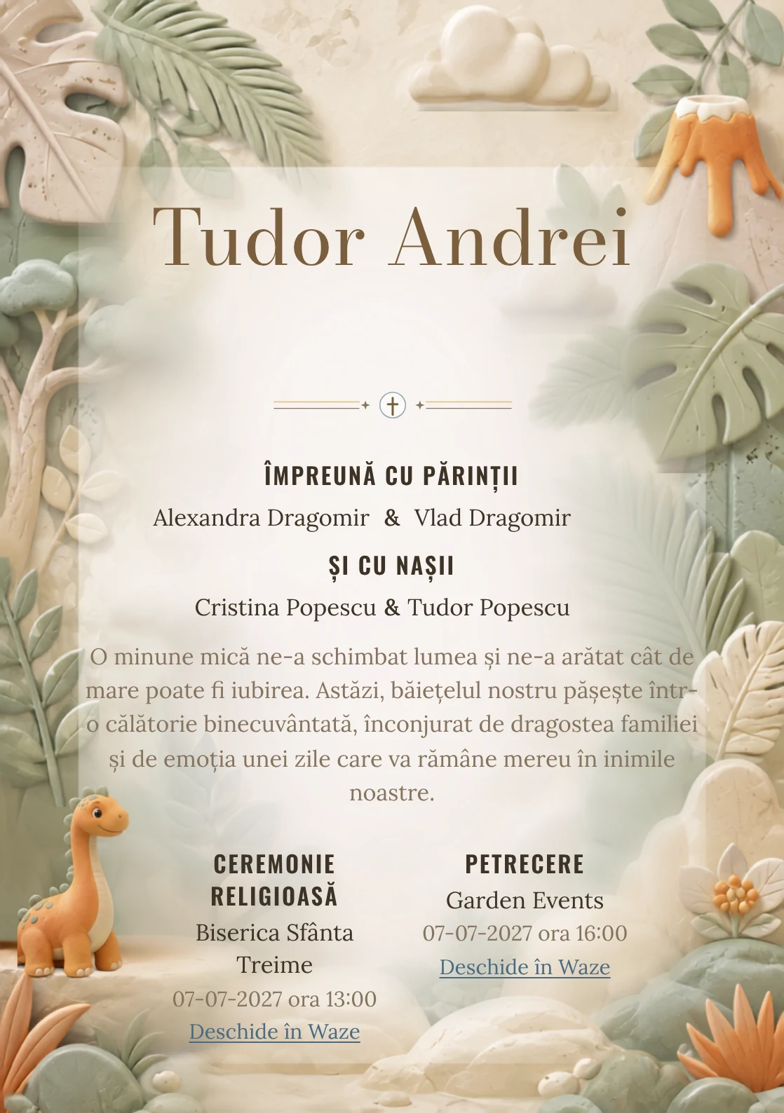 Imaginea Dinozaur de Porțelan, din gama de invitații botez băiat, pune în valoare un dinozaur blând modelat, cu frunze în relief.